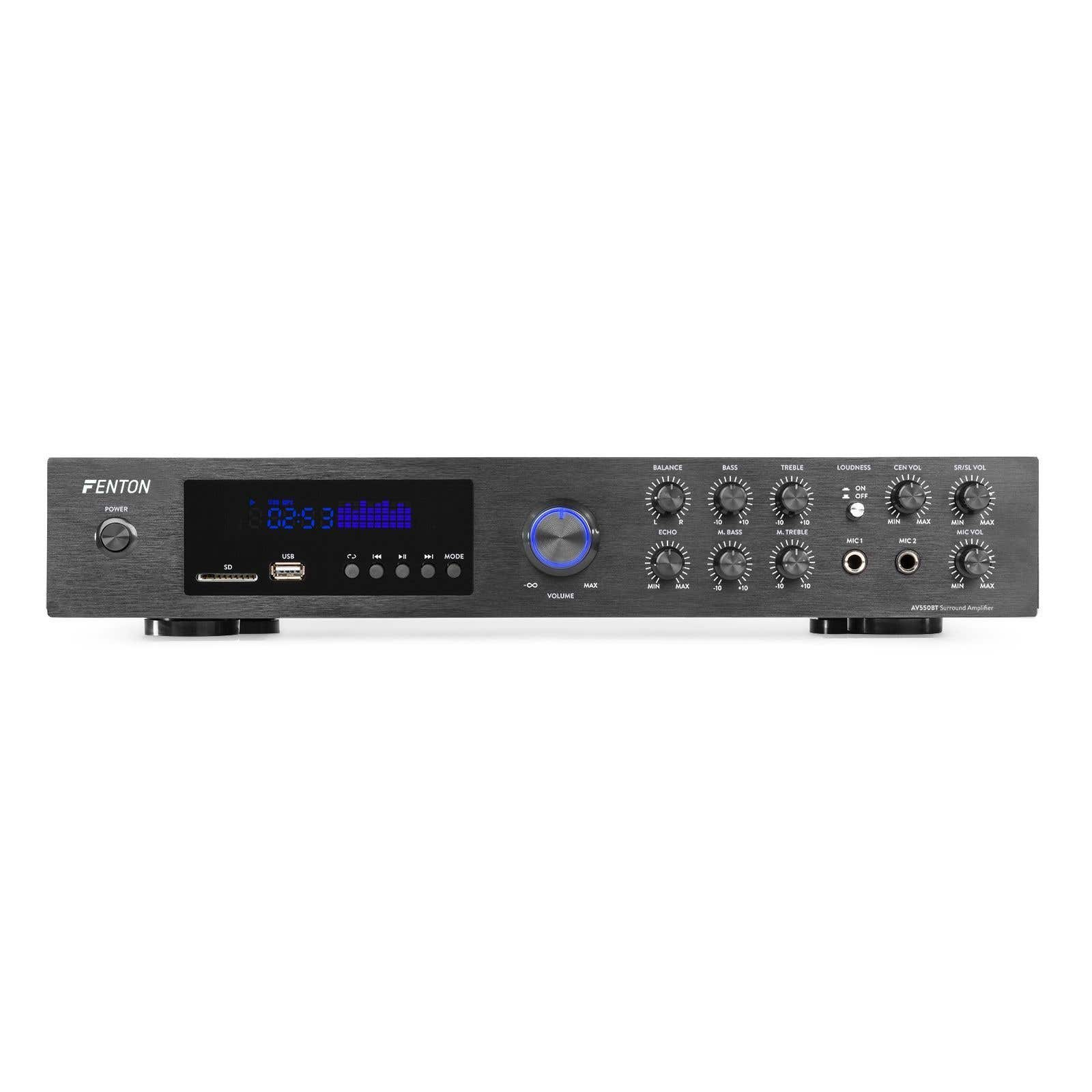 Un amplificador negro con perillas, botones y una pantalla digital con números azules. La marca es FENTON.
