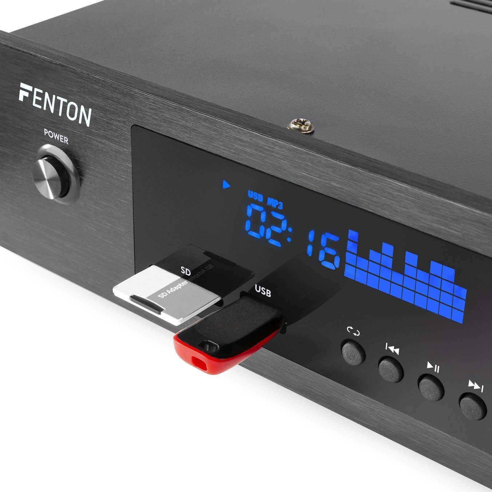 Dispositivo de audio negro con puertos SD y USB, mostrando la hora. Logotipo FENTON visible.