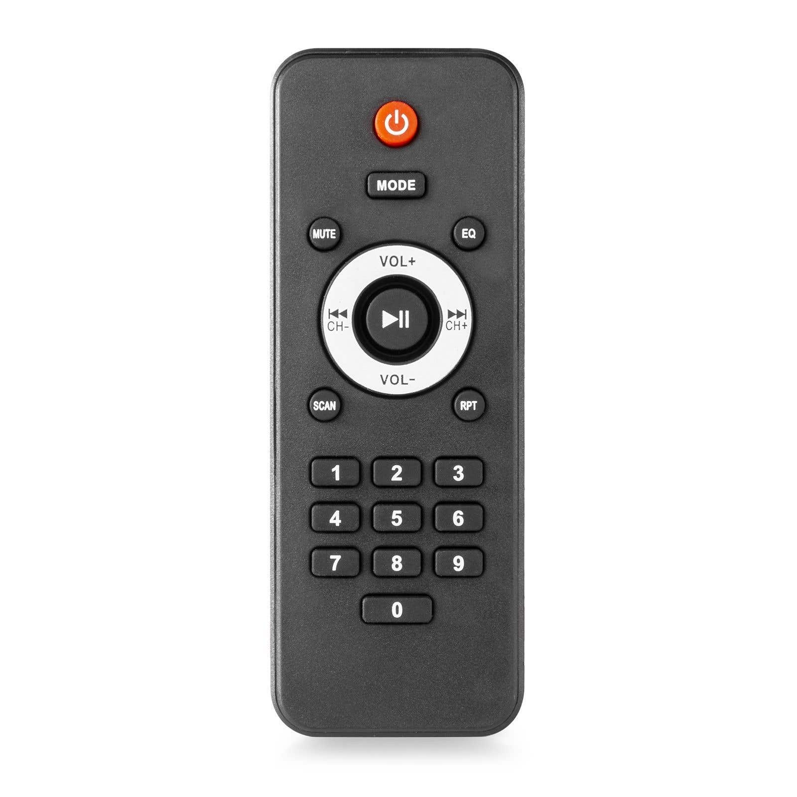 Un mando a distancia negro con botones para encendido, modo, silencio, volumen, canal, números y otras funciones.