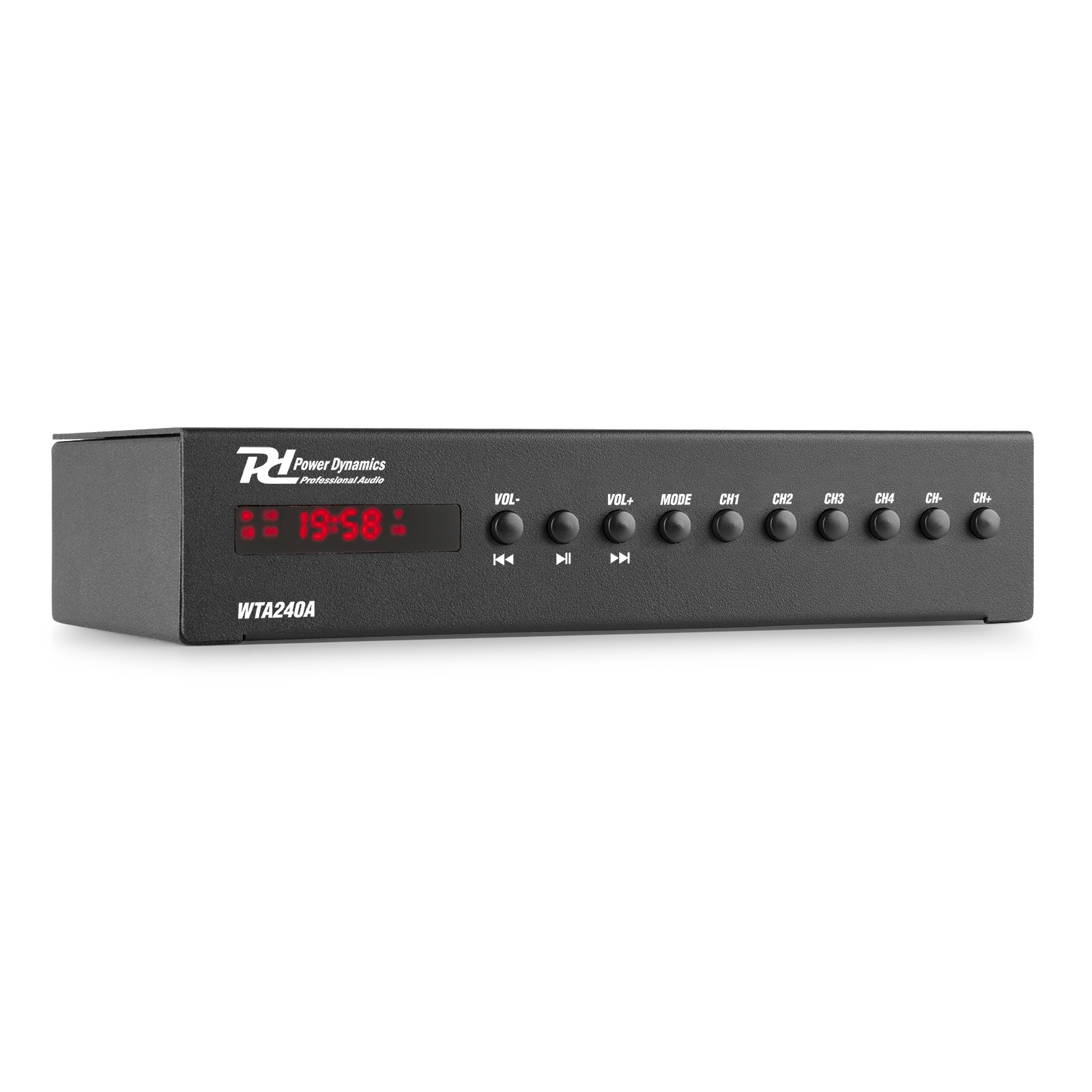 Dispositivo de audio negro con botones, pantalla digital que muestra 19:58 y el logotipo de Power Dynamics.