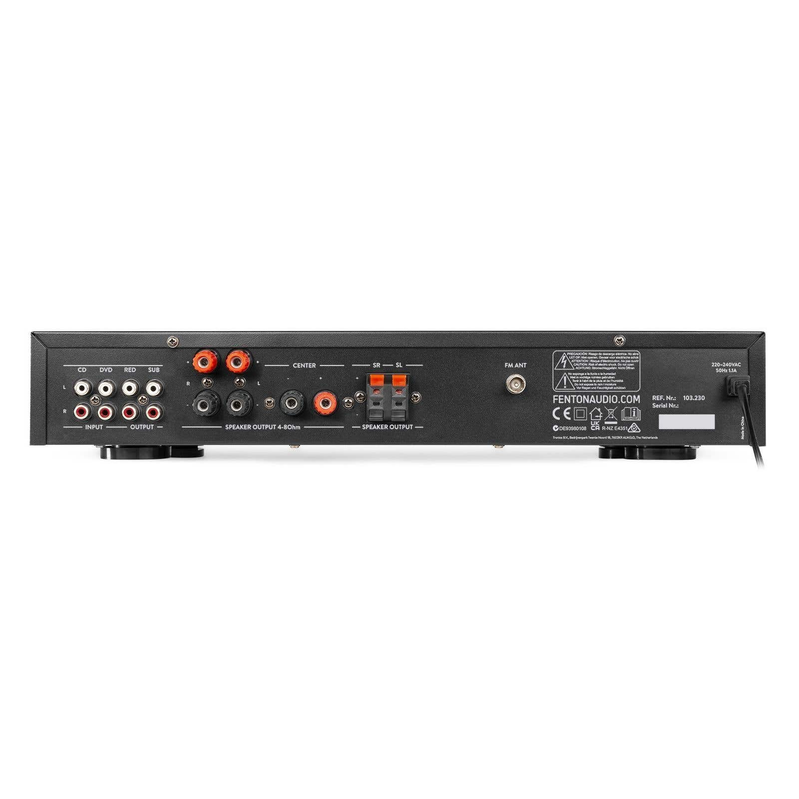 Panel trasero negro de receptor de audio con varios puertos de entrada/salida, etiquetas y cable de alimentación. Texto: FENTONAUDIO.COM.