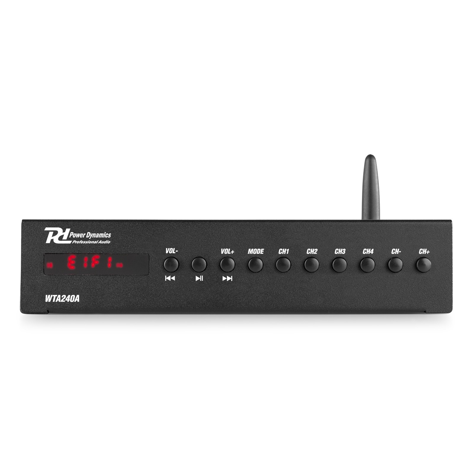 Dispositivo de audio negro con botones, pantalla y antena. Muestra 'EIFI'. Logotipo 'Power Dynamics' visible. Texto 'WTA240A' abajo.