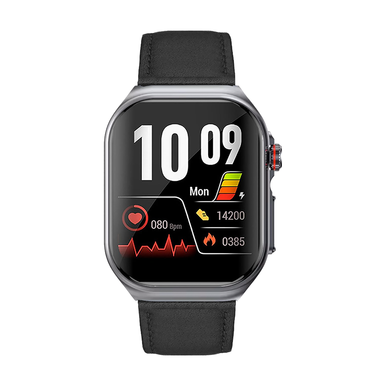 Eine Smartwatch zeigt Zeit, Herzfrequenz, Schritte und Kalorien an. Sie hat ein schwarzes Lederarmband und einen schwarzen Bildschirm.