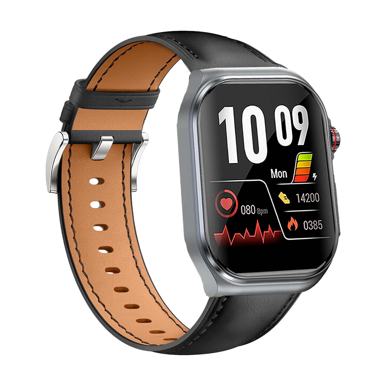 Eine Smartwatch mit schwarzem Lederarmband. Der Bildschirm zeigt Uhrzeit, Herzfrequenz und Schritte an.