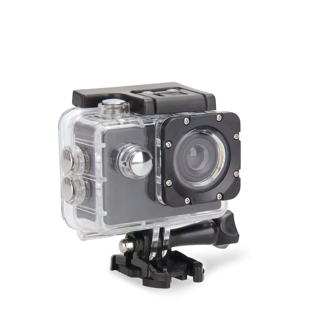 Czarna i przezroczysta kamera sportowa z obiektywem, przyciskami i uchwytem montażowym, na białym tle.