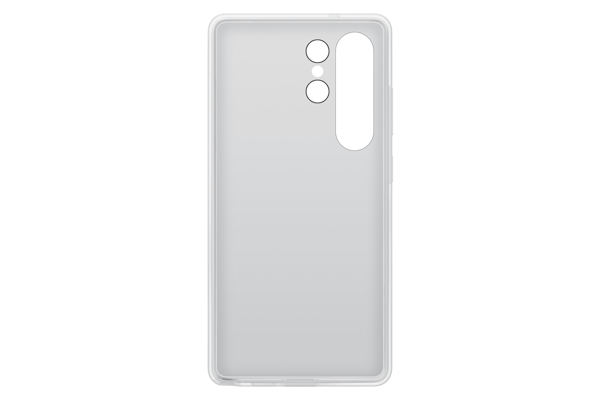 Przezroczyste etui na telefon z otworami na aparat na czarnym tle. Etui jest w jasnoszarym kolorze.