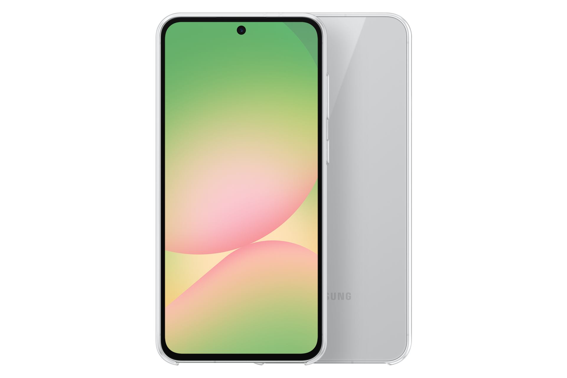 Uno smartphone con schermo sfumato (verde, giallo, rosa). Il retro è argentato. Lo schermo ha una fotocamera frontale.