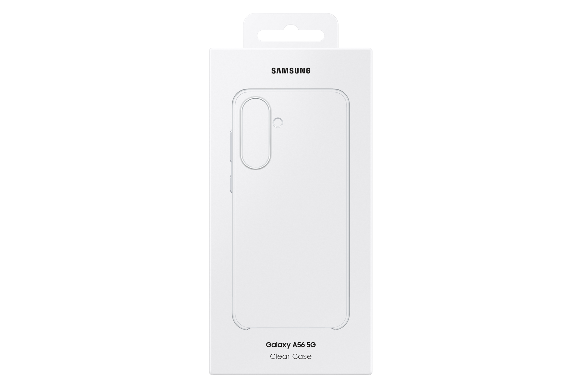 Una scatola bianca Samsung con una custodia trasparente per telefono. La scatola dice Samsung e Galaxy A56 5G Clear Case.