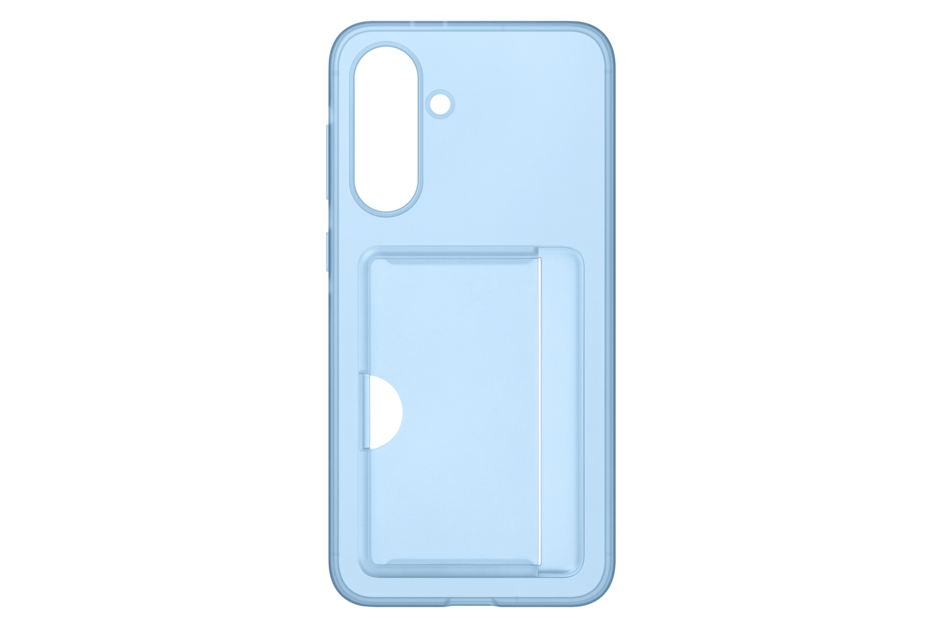 Een lichtblauwe telefoonhoes met kaartsleuf is gecentreerd op een zwarte achtergrond.