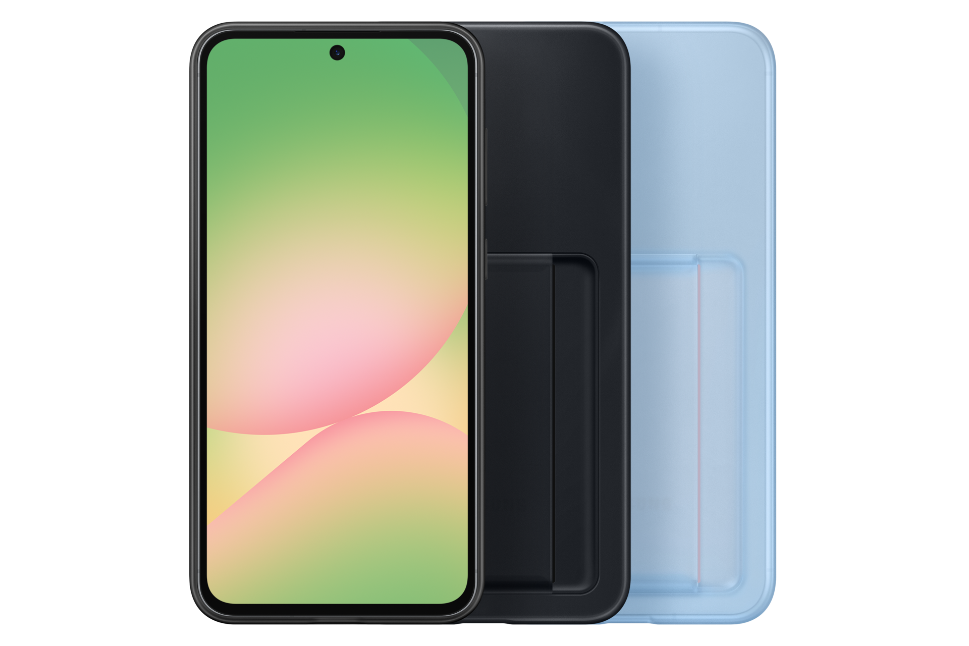 Een smartphone met een gradiëntscherm in een zwarte hoes, naast een zwarte en lichtblauwe hoes.