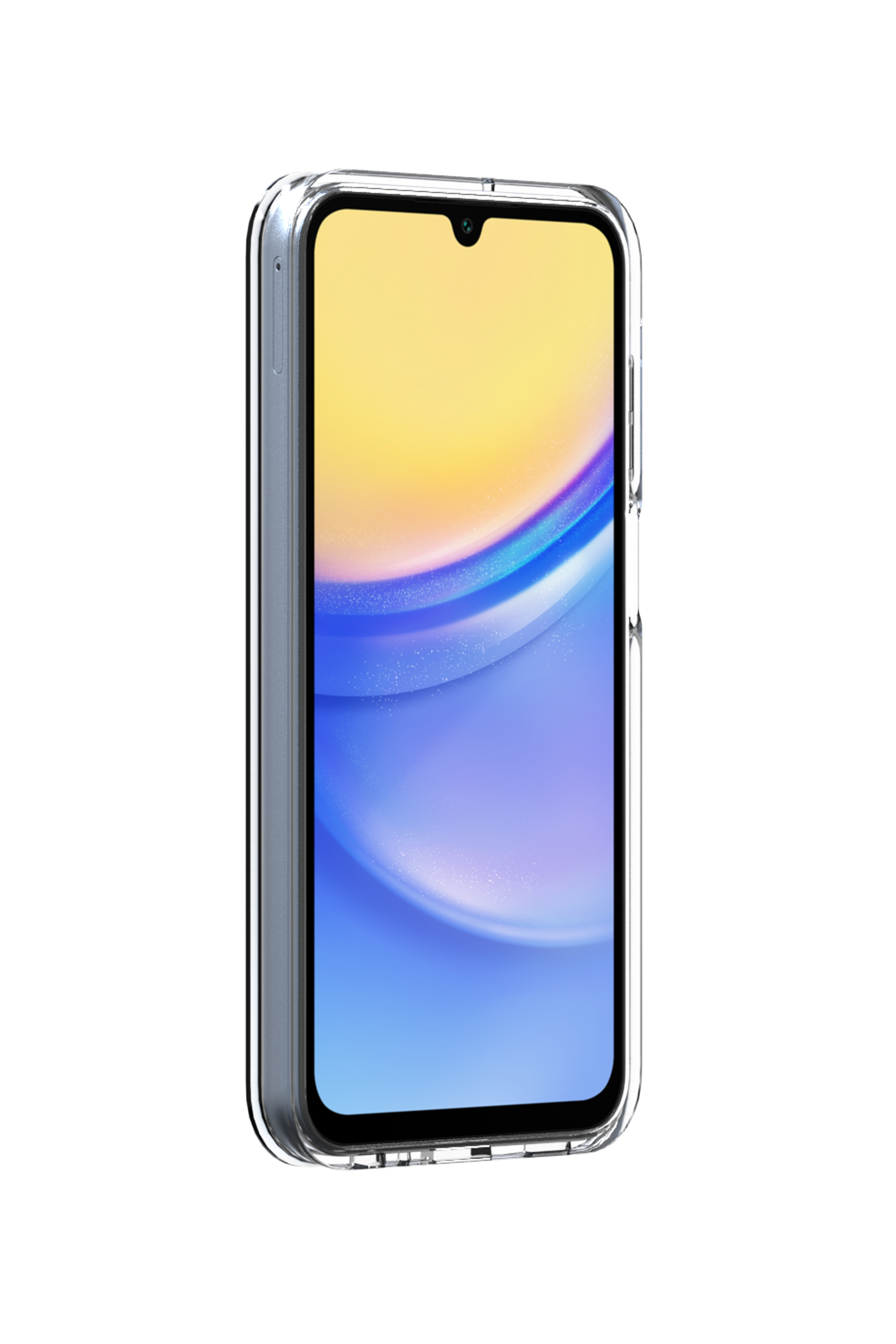 Uno smartphone in una custodia trasparente. Lo schermo mostra una sfumatura blu e gialla su sfondo nero.