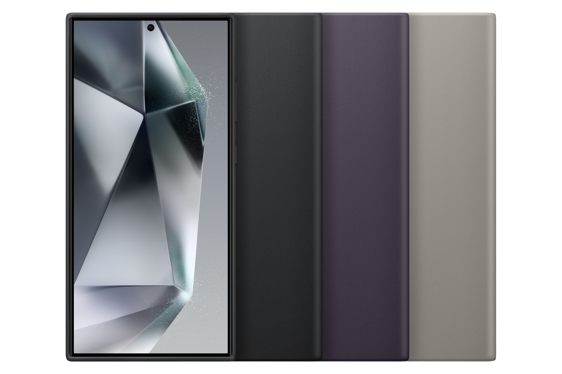 Tablet met abstract ontwerp op scherm, naast hoezen in zwart, paars en beige. Zwarte achtergrond.