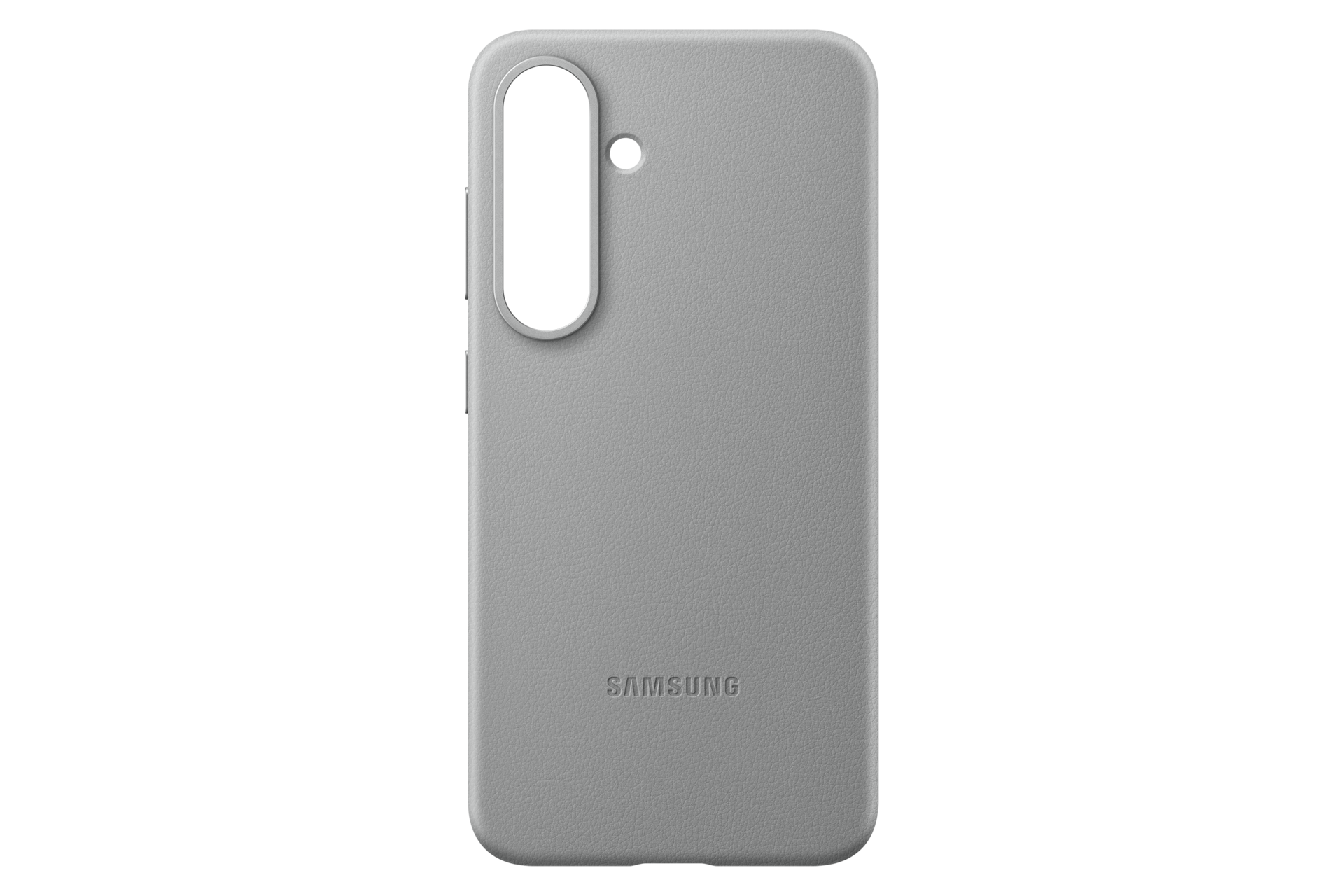 Una custodia per telefono grigio chiaro con un ritaglio per la fotocamera e il logo Samsung su sfondo nero.