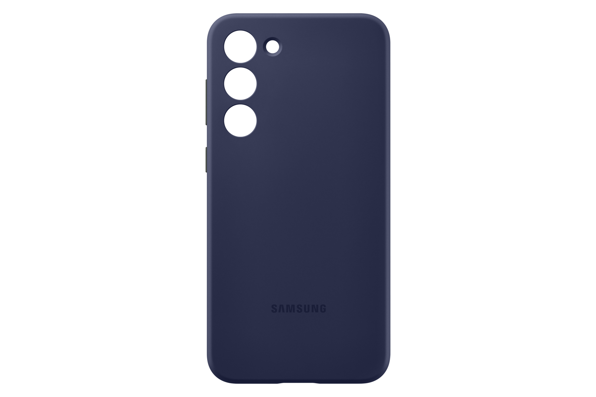 Una funda de teléfono azul oscuro. Tiene tres orificios para la cámara y un orificio pequeño para el flash. El logotipo de Samsung está en la parte inferior.
