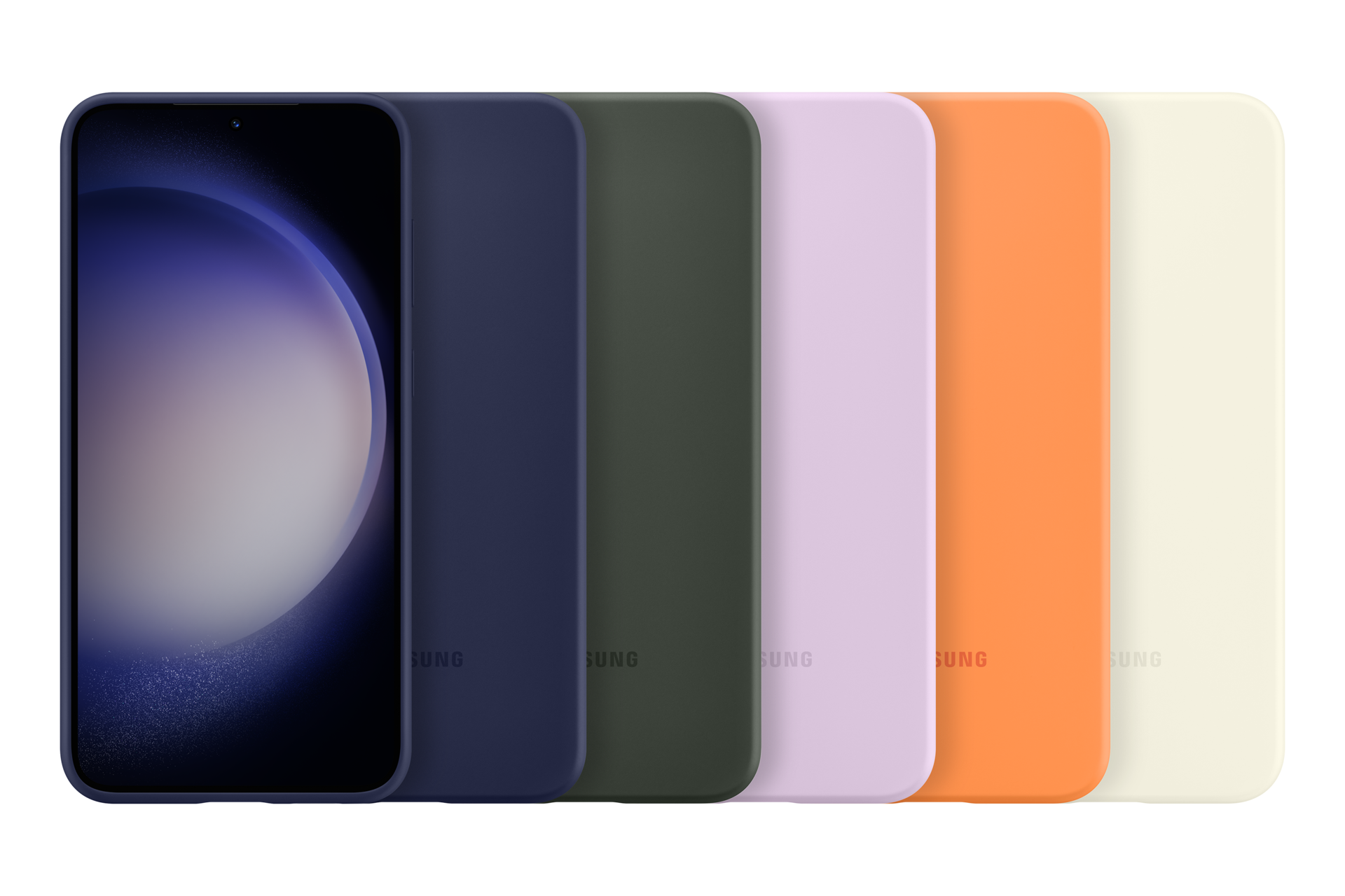Un smartphone en una funda azul marino, junto a cinco fundas de colores: verde oscuro, morado claro, naranja y crema, sobre un fondo negro.