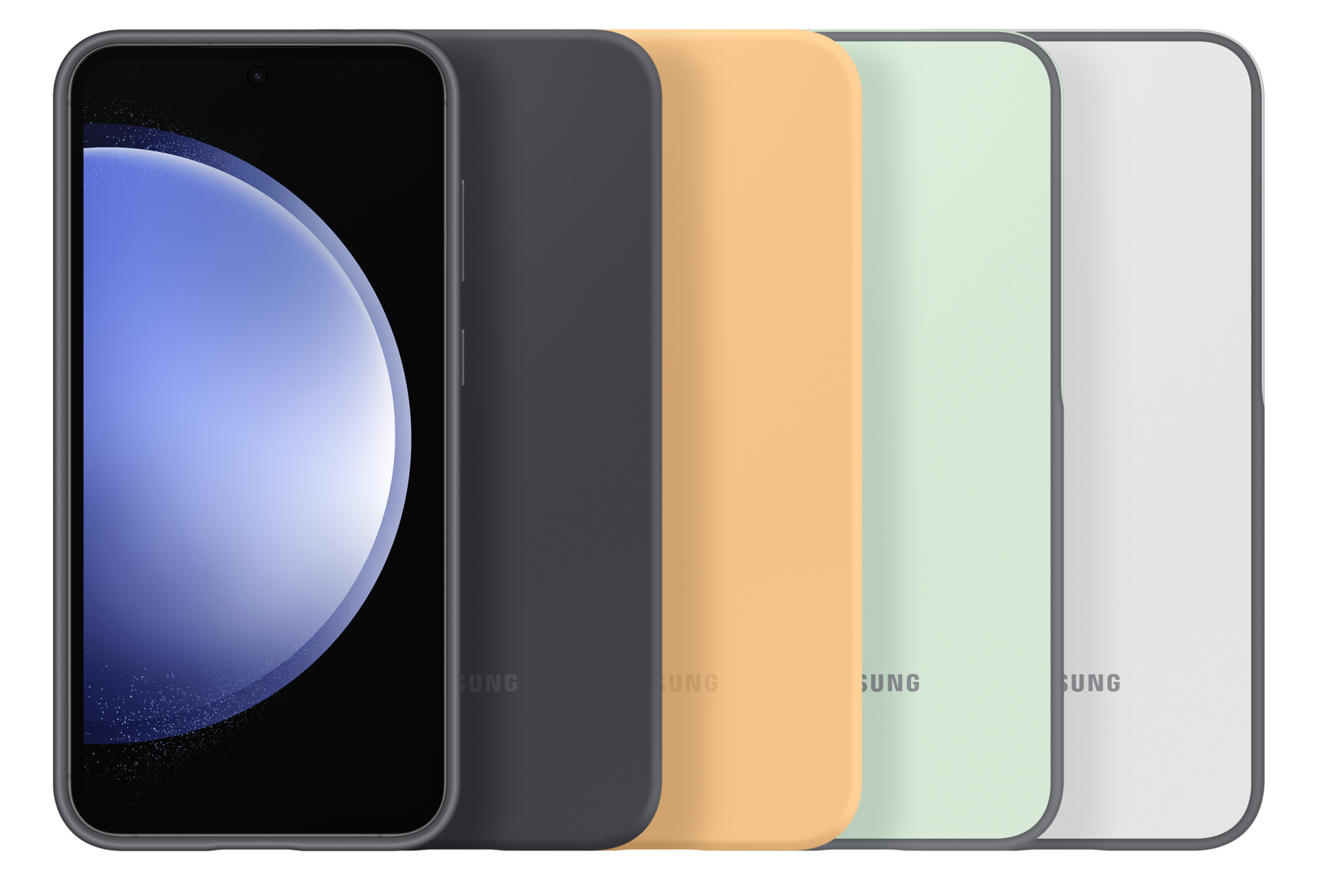 Cinco fundas de teléfono coloridas están de pie. La primera muestra una pantalla de teléfono. Las fundas son negras, naranjas, verdes y blancas.