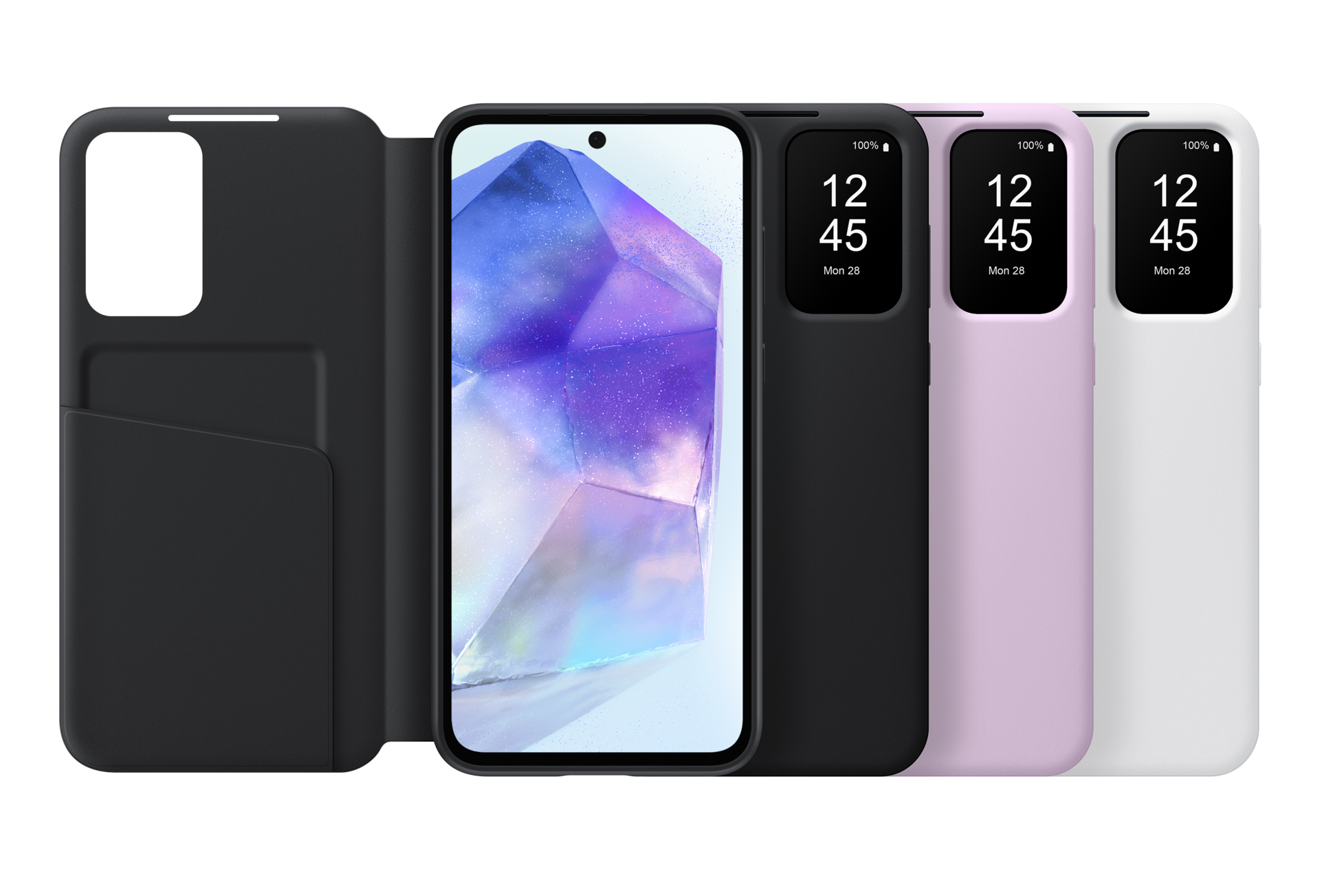 Das Bild zeigt vier Smartphone-Hüllen in Schwarz, Schwarz mit Bildschirm, Pink und Weiß. Jede zeigt die Uhrzeit 12:45.