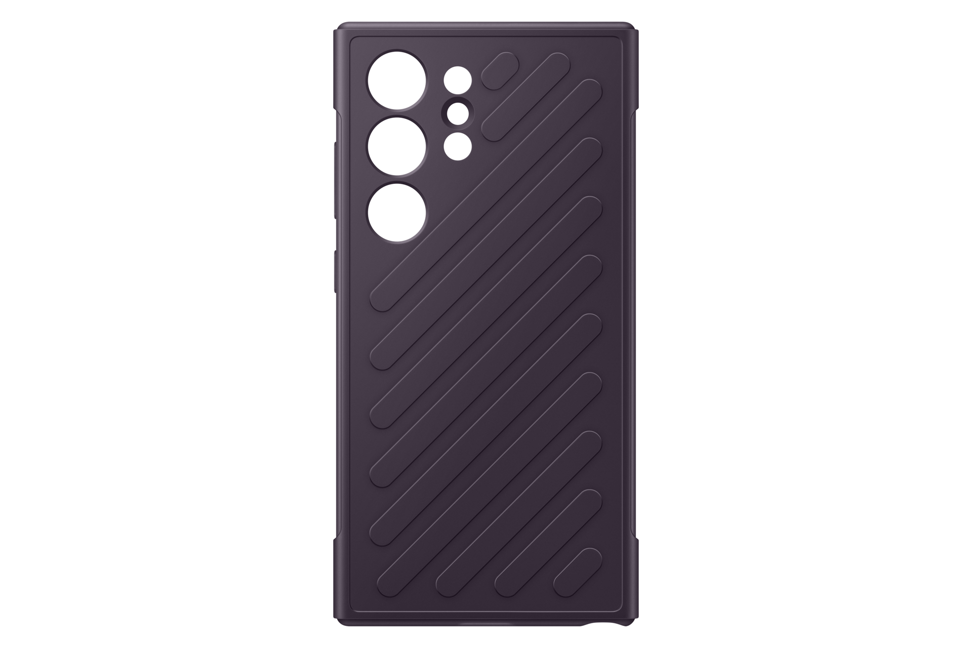 Een donkerpaarse telefoonhoes. Het heeft uitsparingen voor de camera en een gestructureerd oppervlak met diagonale lijnen. Zwarte achtergrond.