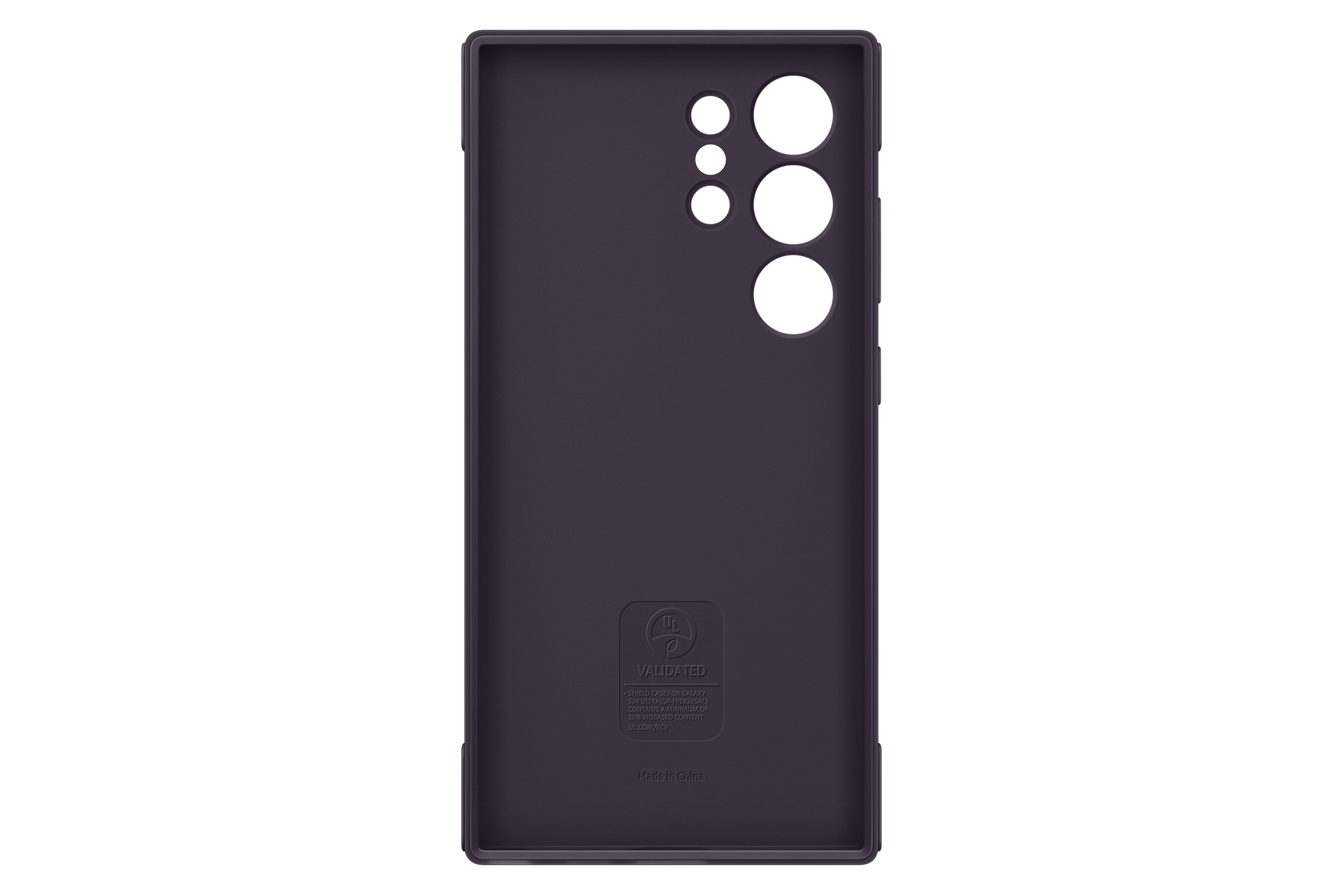 Een donkerpaarse telefoonhoes. Het heeft camera-uitsparingen en een 'Validated'-logo. De hoes is voor een Galaxy S24 Ultra en is gemaakt in China.