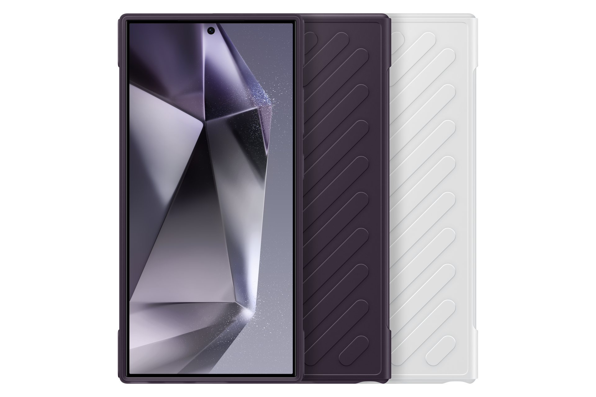 Een smartphone met geometrisch display, donkerpaars frame en een donkerpaarse en witte hoes op zwarte achtergrond.