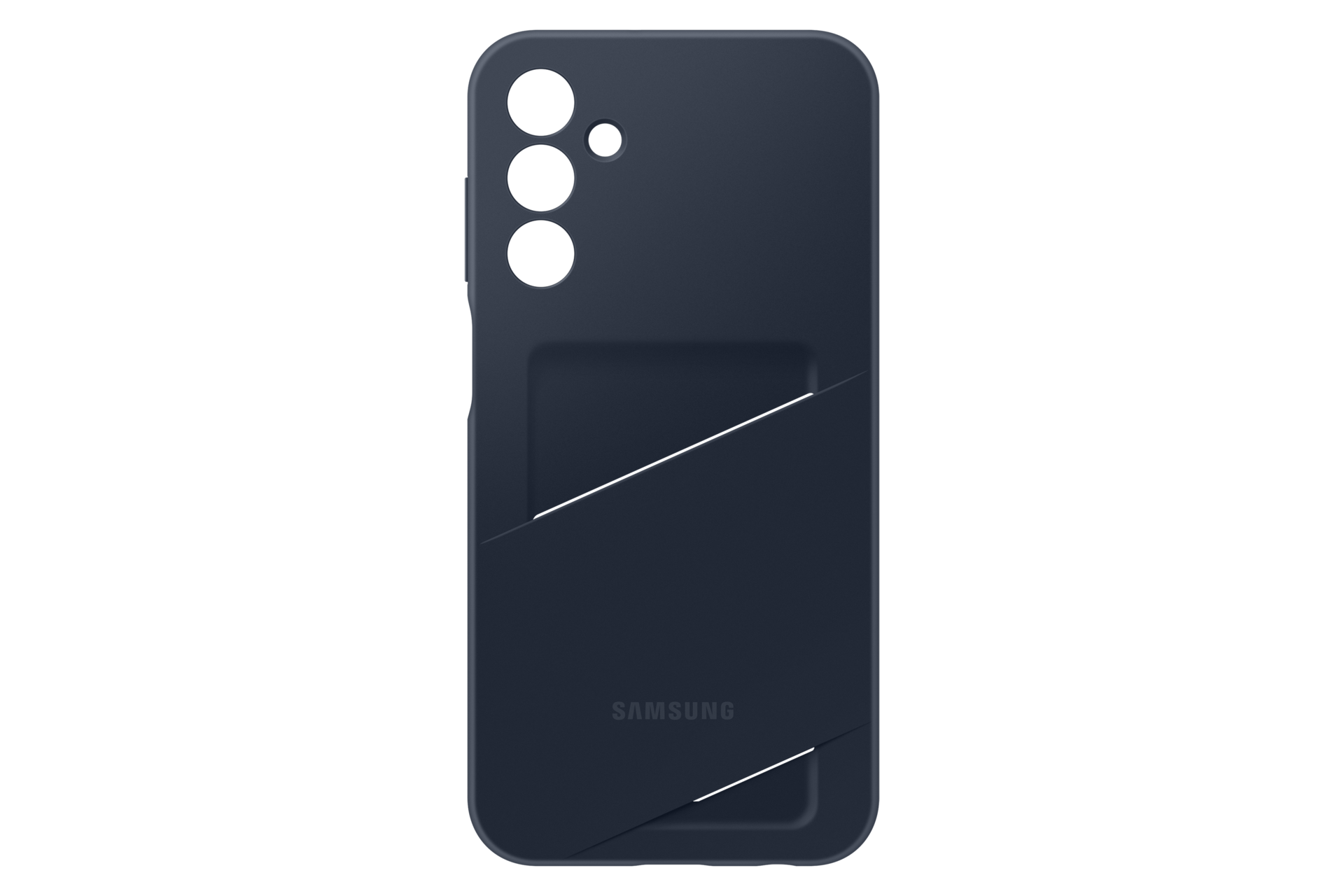 Marineblaue Handyhülle mit Kameraausschnitten und Kartenfach. Samsung-Logo unten.