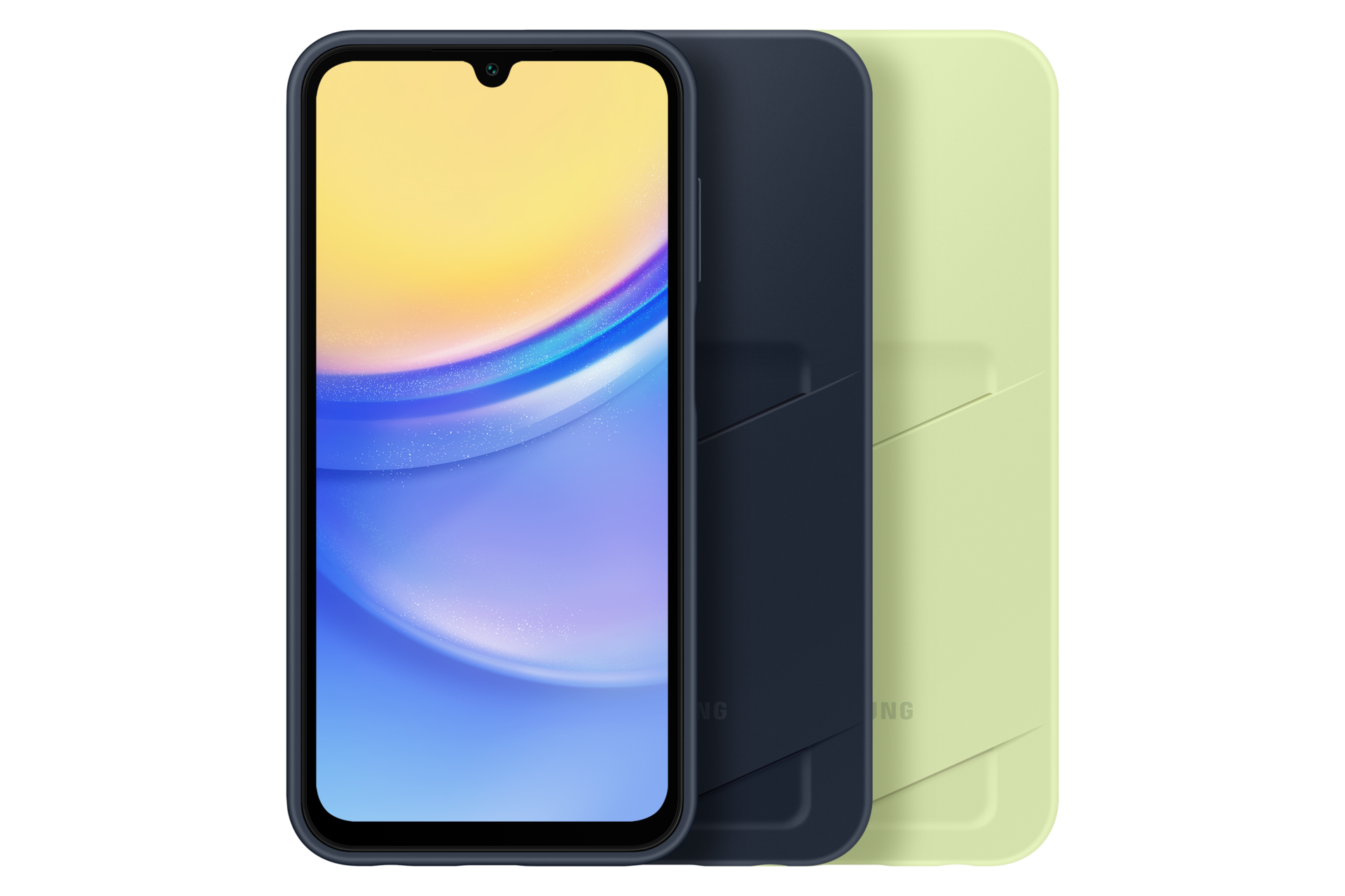 Ein Smartphone mit gelb-blauem Bildschirm und zwei Hüllen, eine marineblaue und eine hellgrüne.