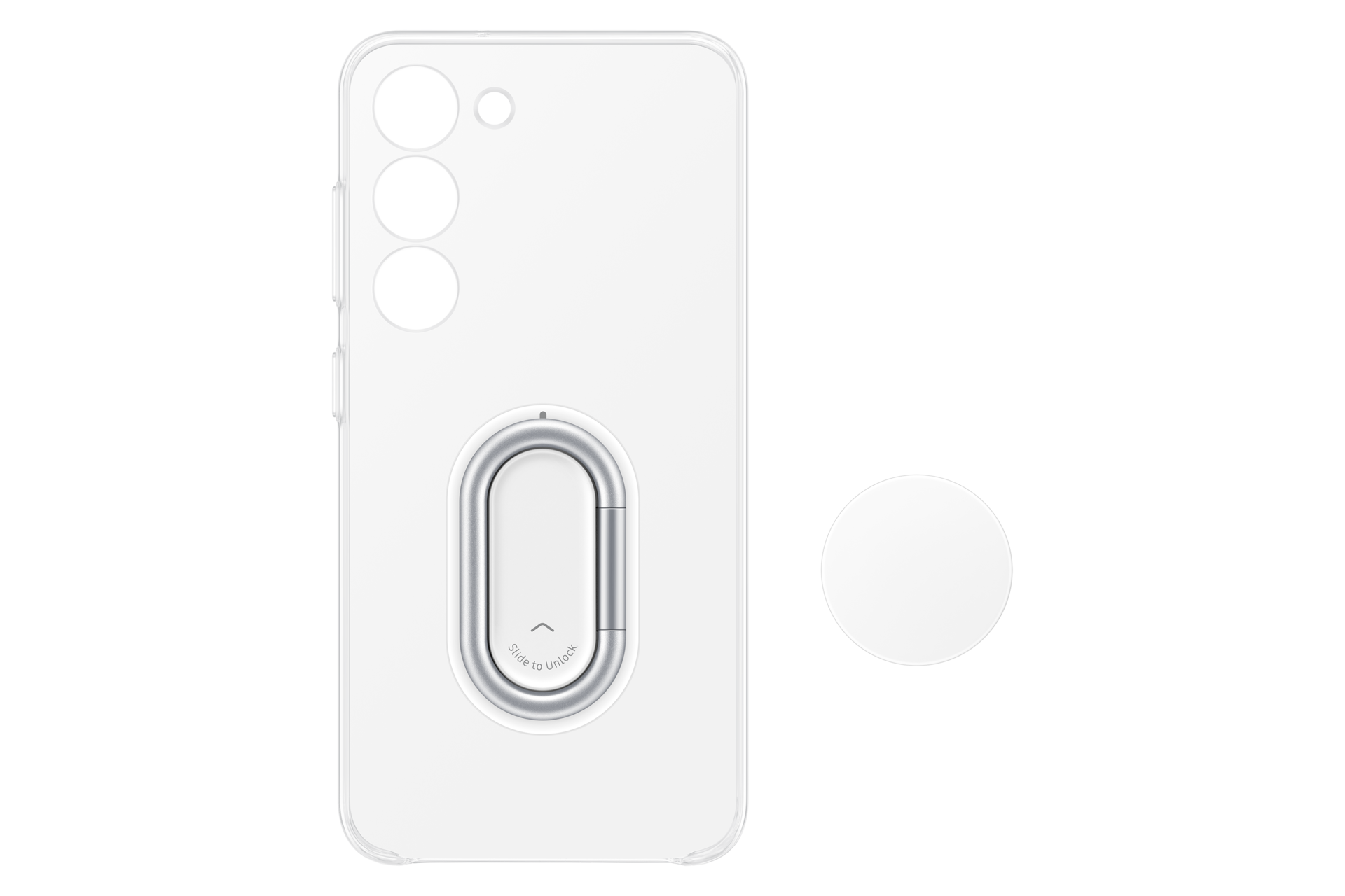 Witte telefoonhoes met zilveren ringstandaard en rond wit object. Drie zwarte cameralenzen zijn zichtbaar.