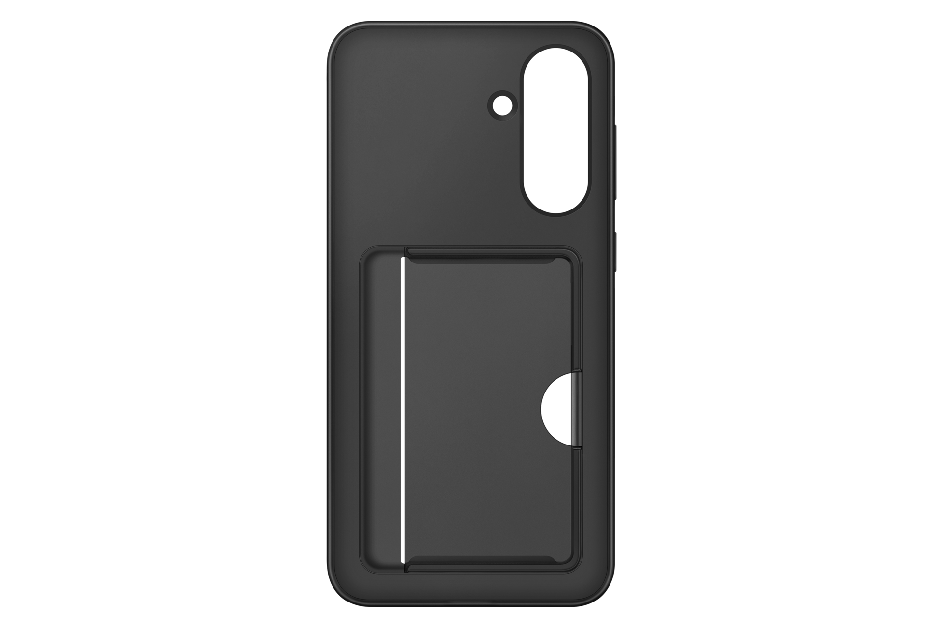 Un étui de téléphone noir avec une fente pour portefeuille sur fond noir. L'étui a une découpe pour l'appareil photo et une fente pour carte.