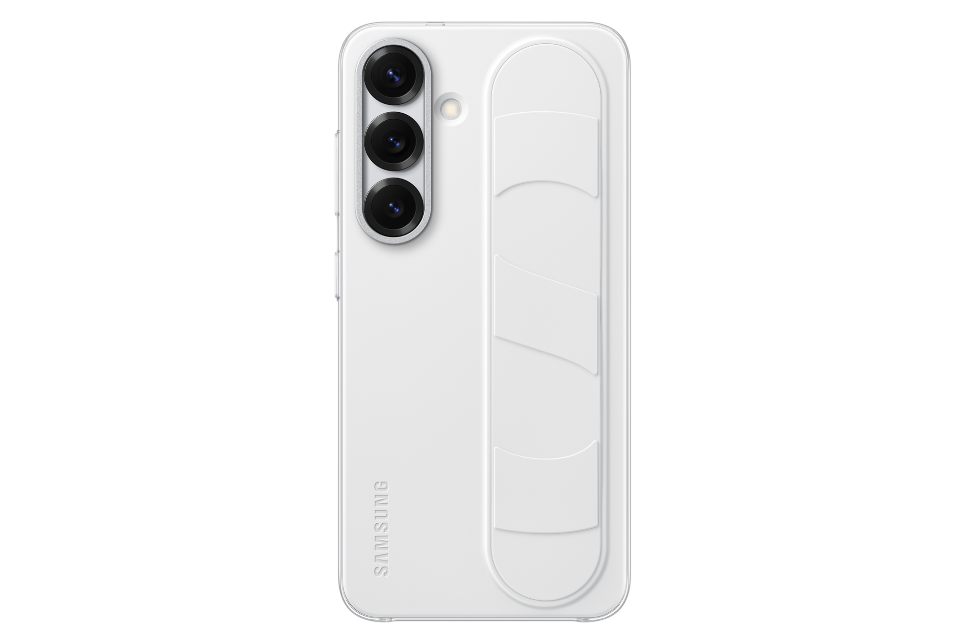 Custodia bianca per telefono Samsung con tre obiettivi. La custodia ha un design a presa sul retro. Logo Samsung visibile.