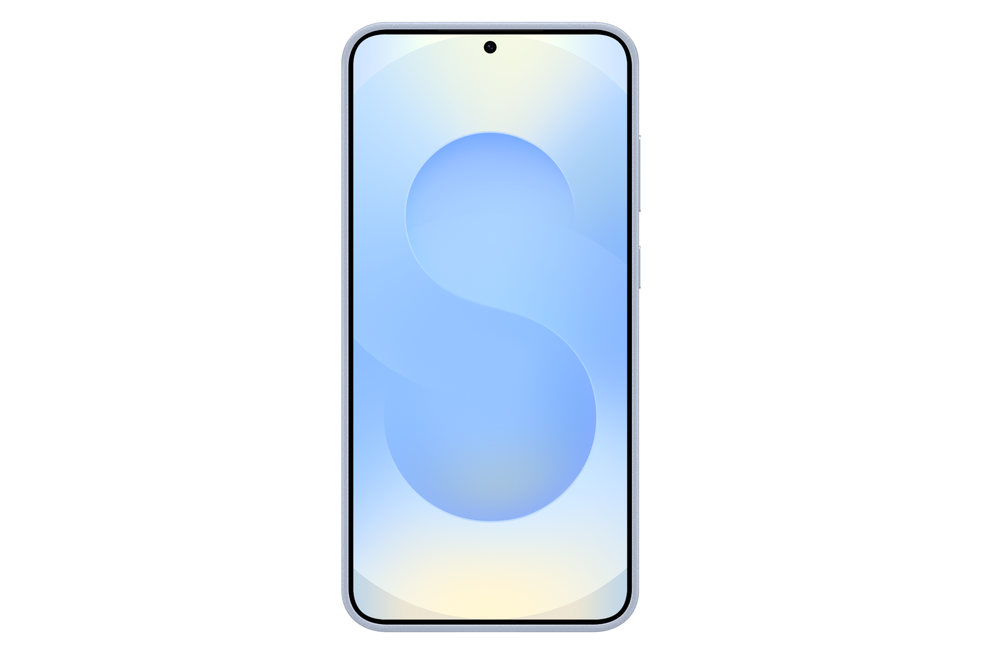 Uno smartphone con schermo sfumato blu e bianco. Lo sfondo è nero.