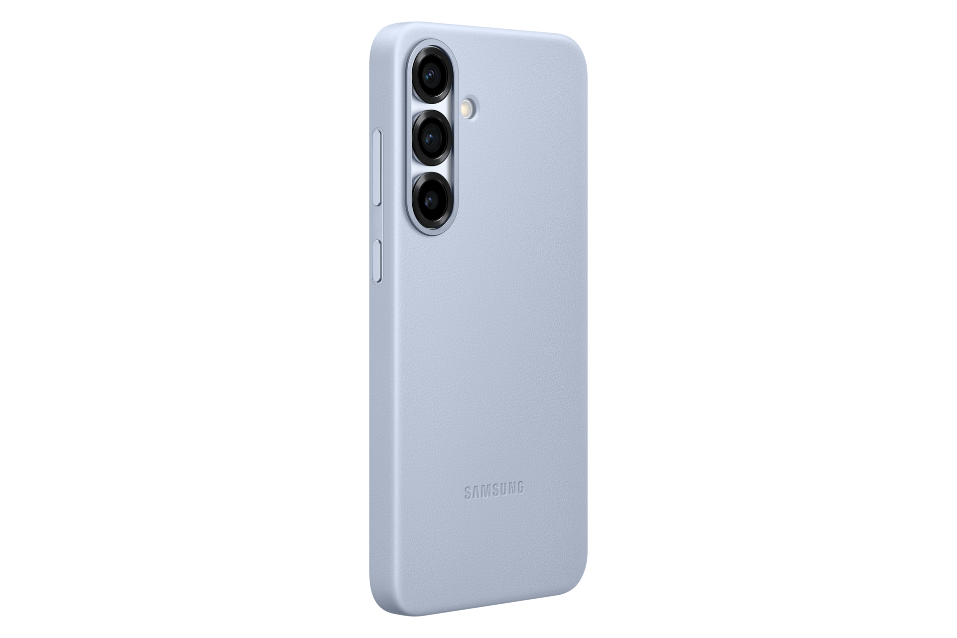 Una custodia per telefono Samsung azzurra. Sono visibili tre obiettivi della fotocamera. Il logo Samsung è in basso. Sfondo nero.