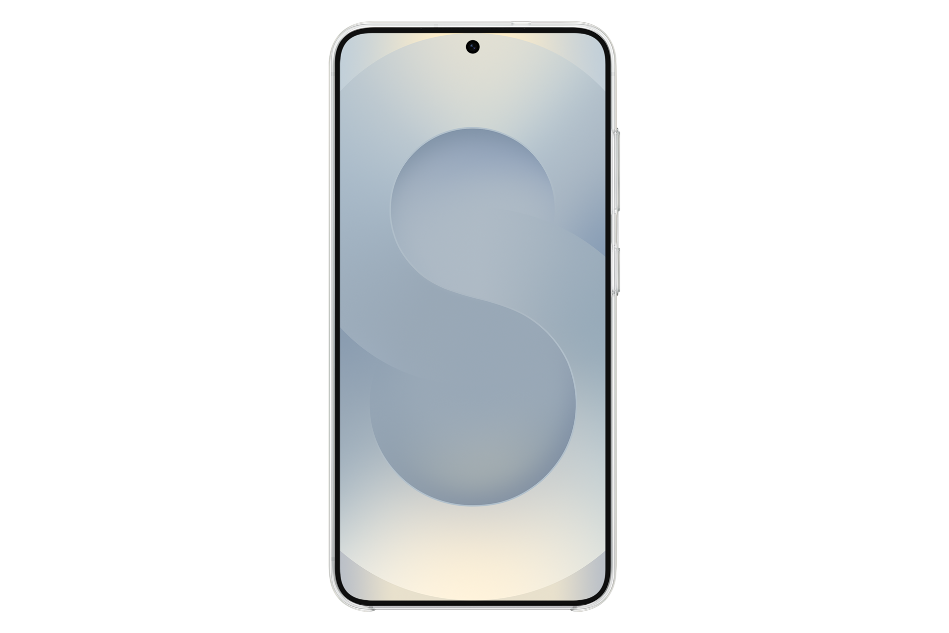 Uno smartphone con schermo sfumato azzurro e una grande forma a 'S' stilizzata. Il telefono ha una cornice nera e uno sfondo nero.