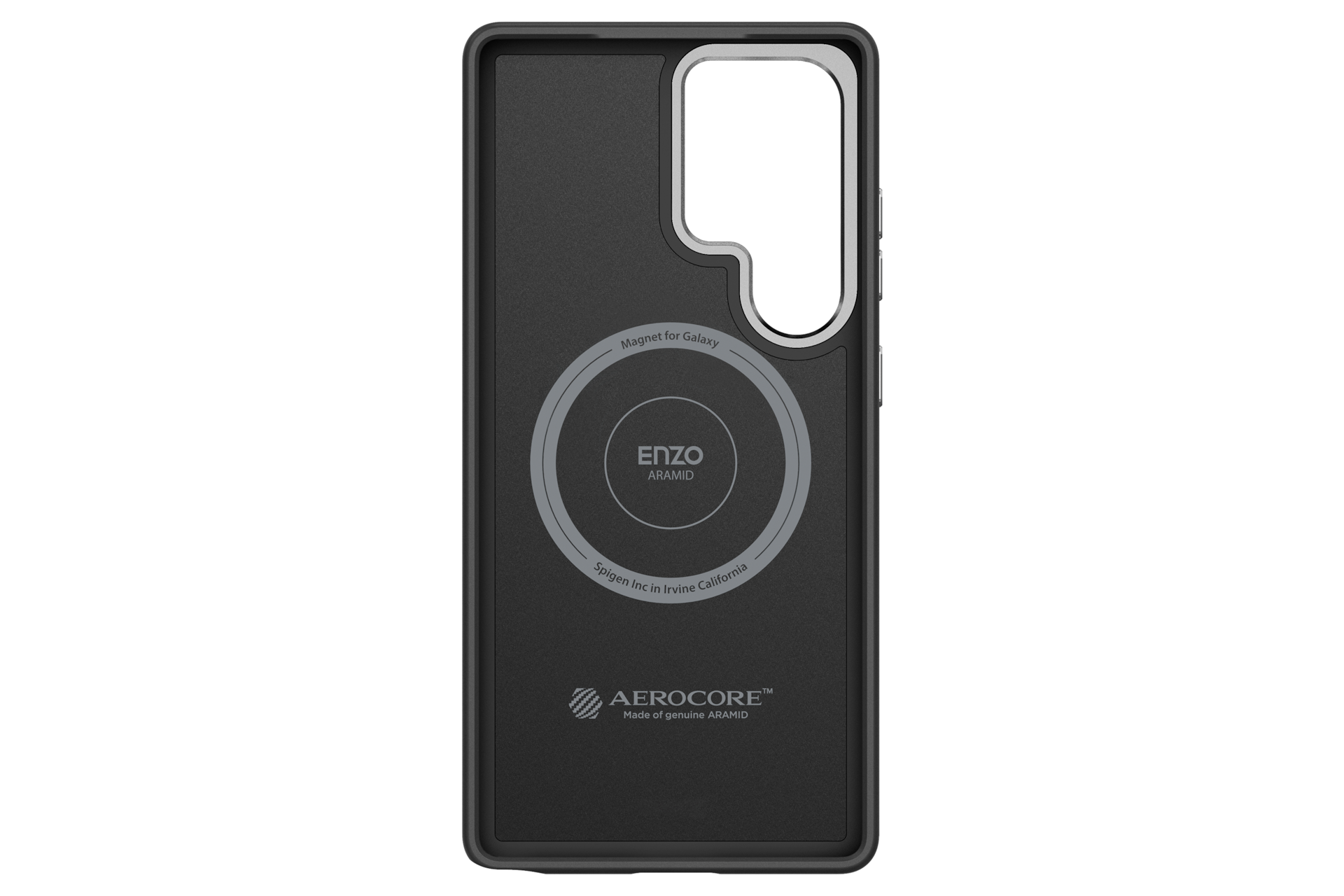 Una custodia nera per telefono con magnete circolare, testo "ENZO ARAMID" e logo AeroCore.