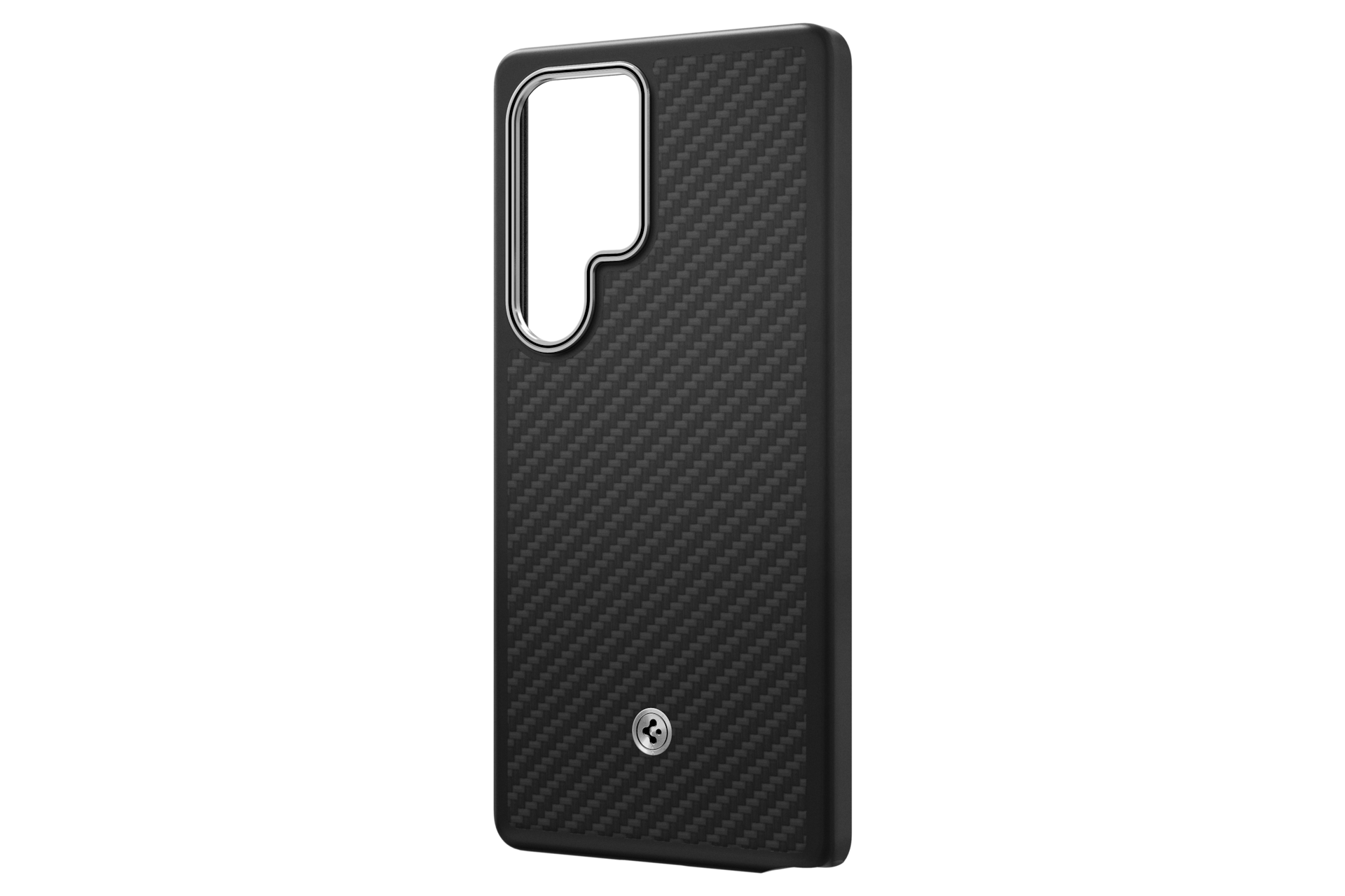 Custodia per telefono in fibra di carbonio nera con ritaglio per fotocamera argentato e logo argentato su nero.