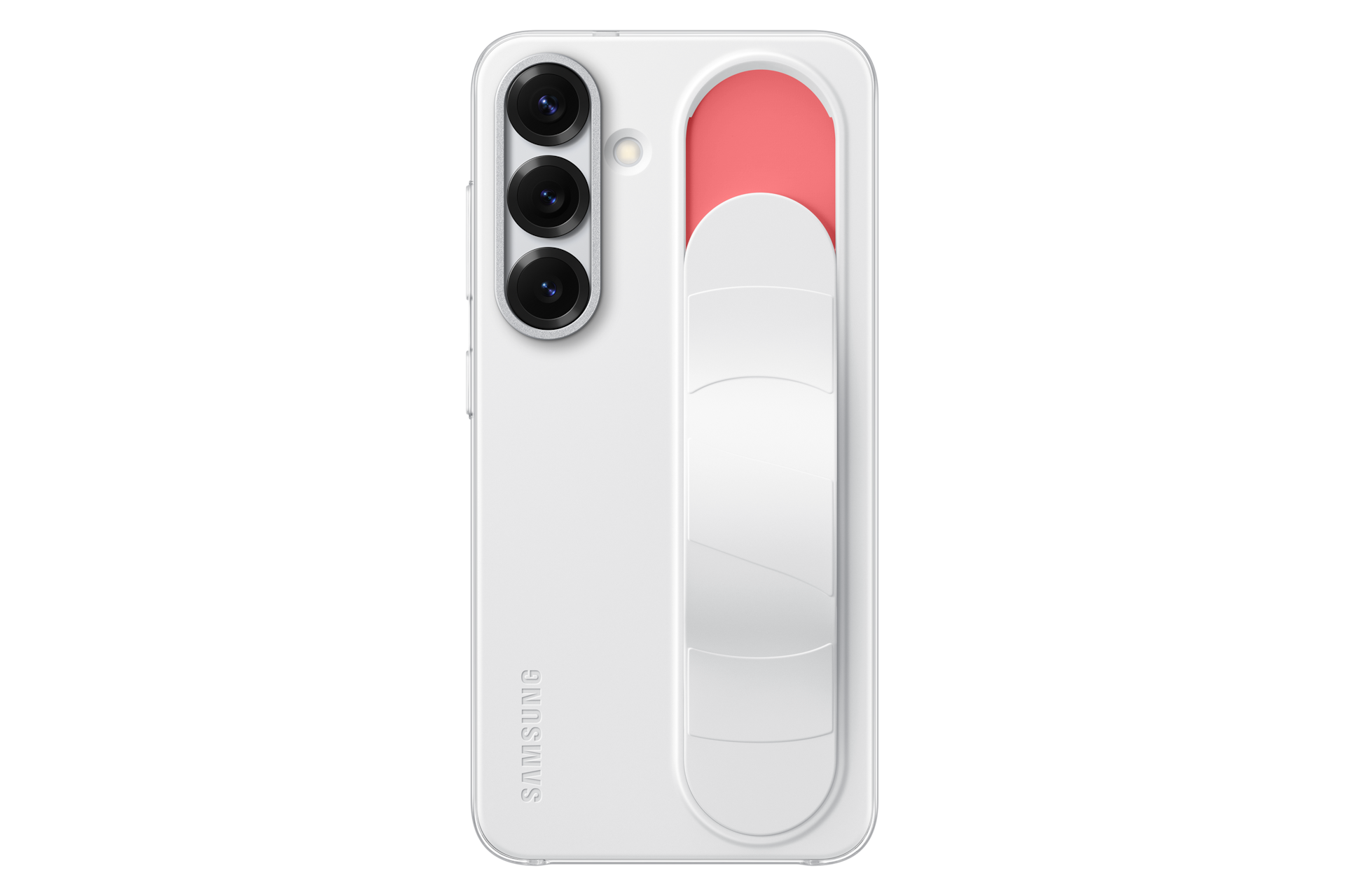 Custodia bianca per telefono Samsung con tre fotocamere e un supporto rosa e bianco.
