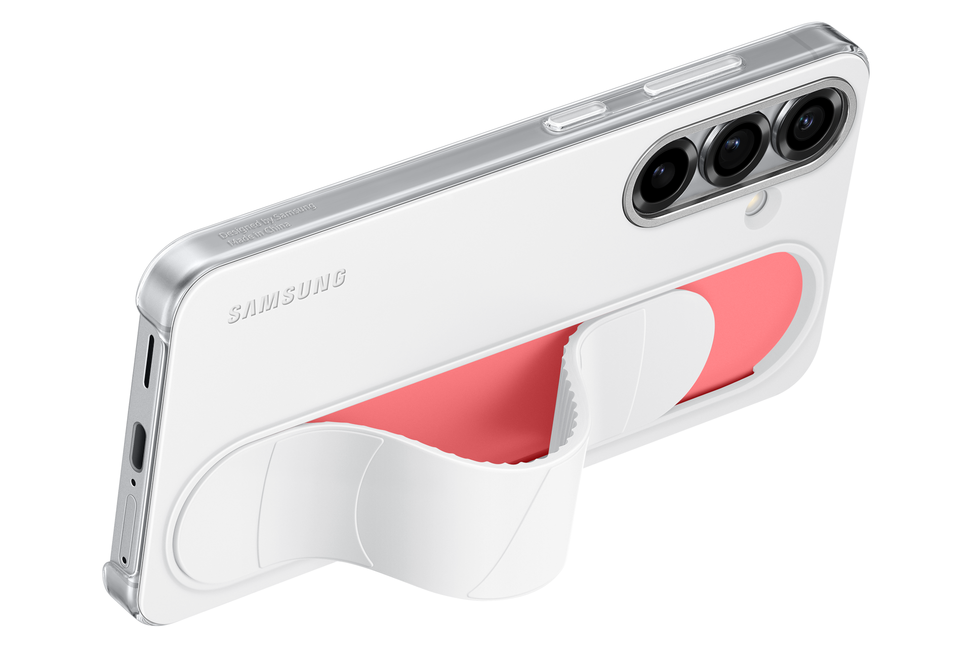 Telefono Samsung bianco con custodia bianca, interno rosso e tre fotocamere. Il telefono ha un supporto sul retro.