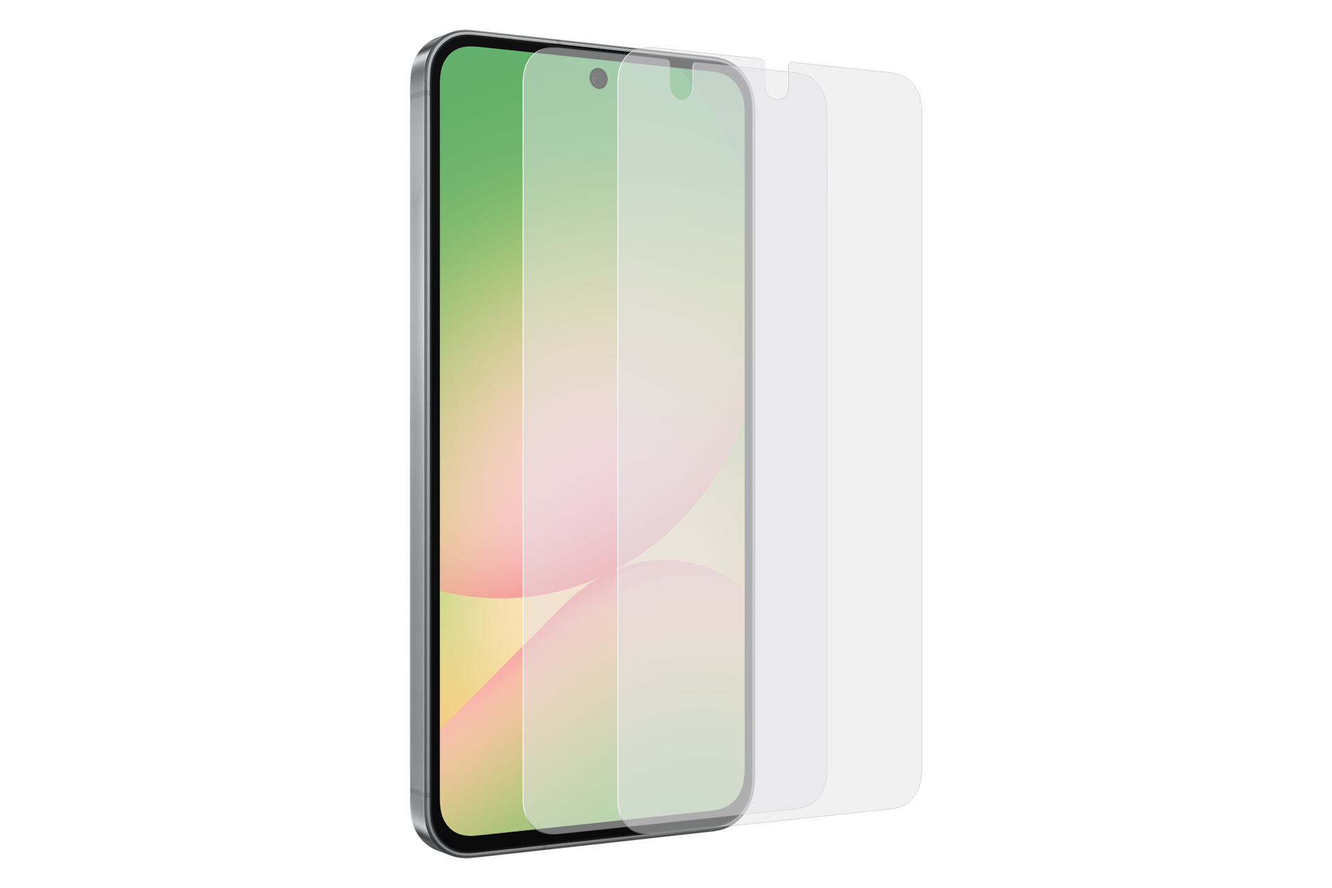 Een smartphone met schermbeschermer. Er worden twee schermbeschermers getoond.