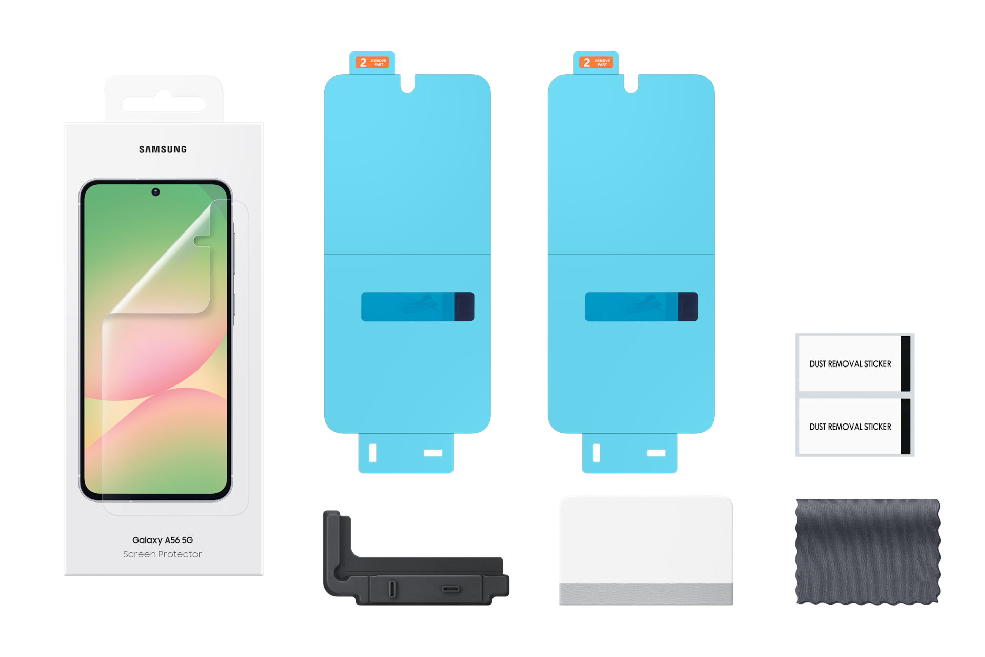 Een screenprotector kit voor Samsung Galaxy A56 5G. Inclusief protector, stofverwijderingsstickers en een schoonmaakdoek.