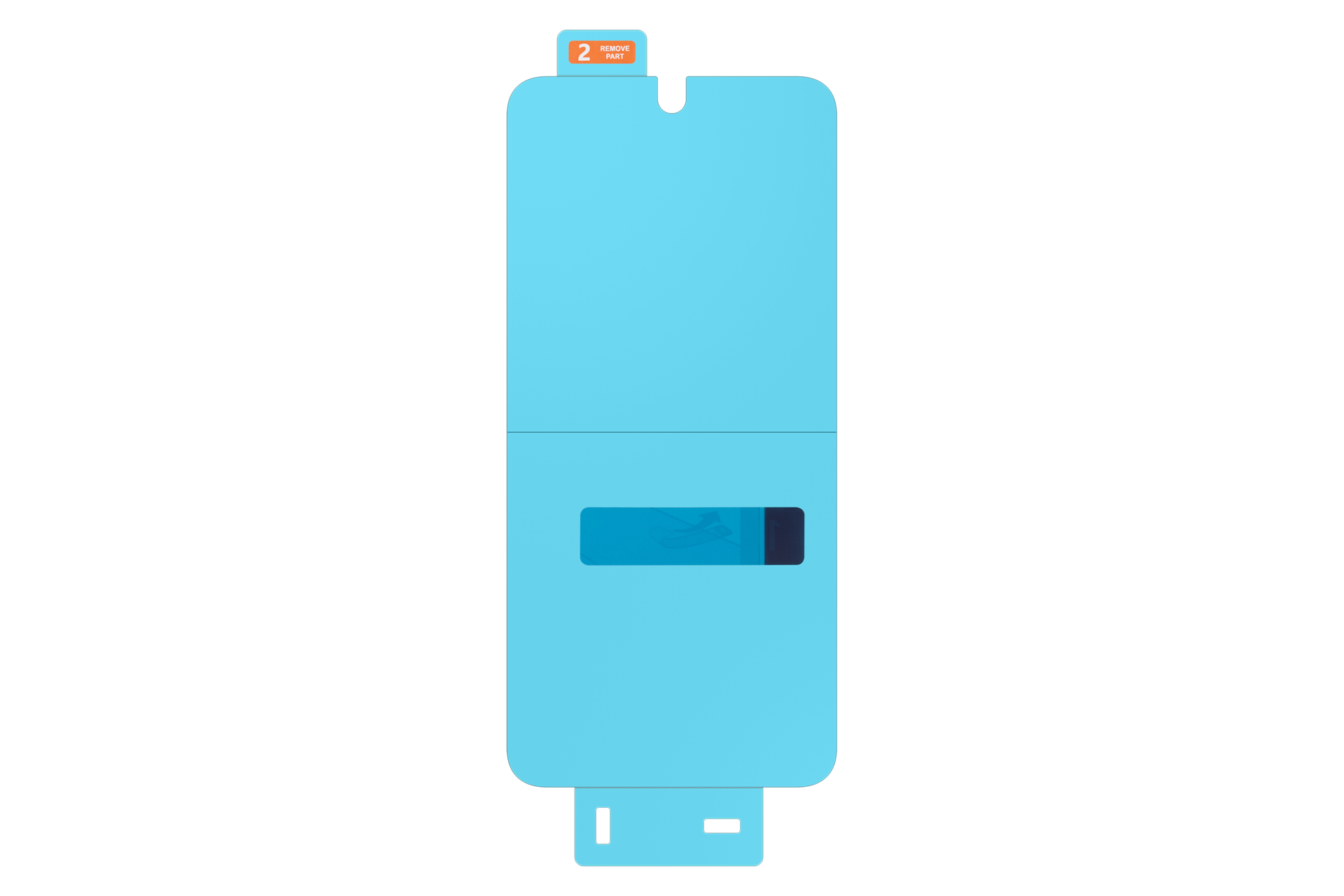 Een lichtblauwe telefoonbeschermer, met een klein oranje label bovenaan. De beschermer heeft een zwarte achtergrond.