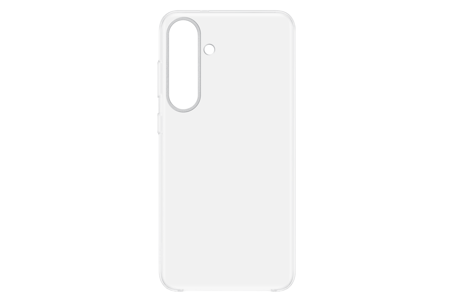 Una custodia bianca per telefono con un ritaglio per la fotocamera, un piccolo foro e sfondo nero.