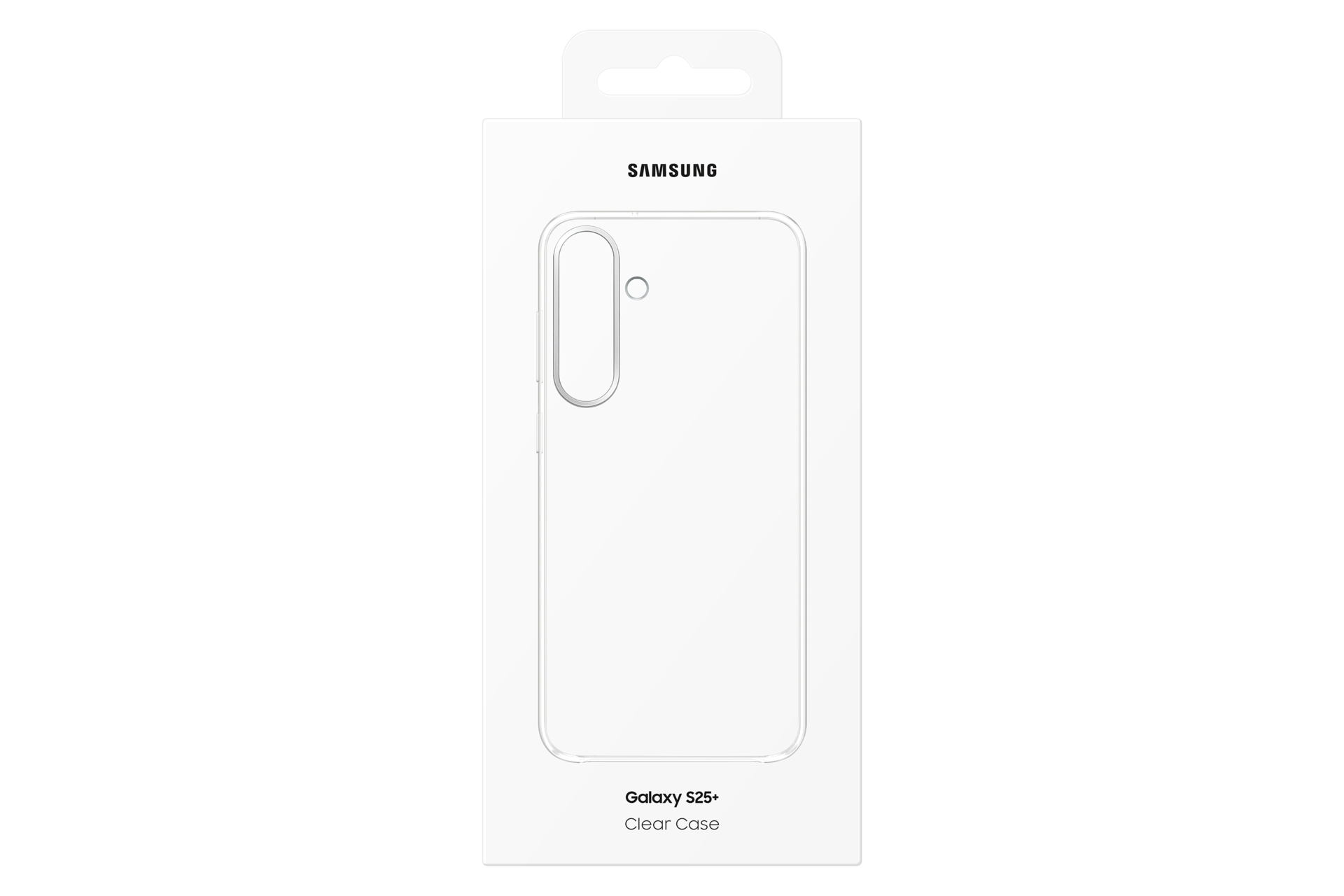 Una scatola bianca Samsung con una custodia trasparente per telefono. La scatola ha il logo Samsung e l'etichetta Galaxy S25+ Clear Case.