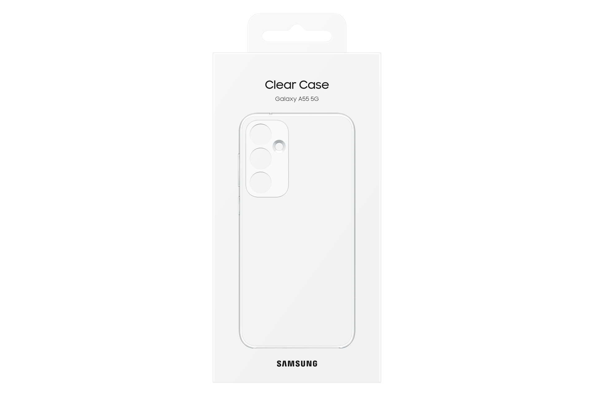 Caja blanca con funda transparente para teléfono, etiquetada 'Clear Case Galaxy A55 5G' con el logotipo de Samsung.