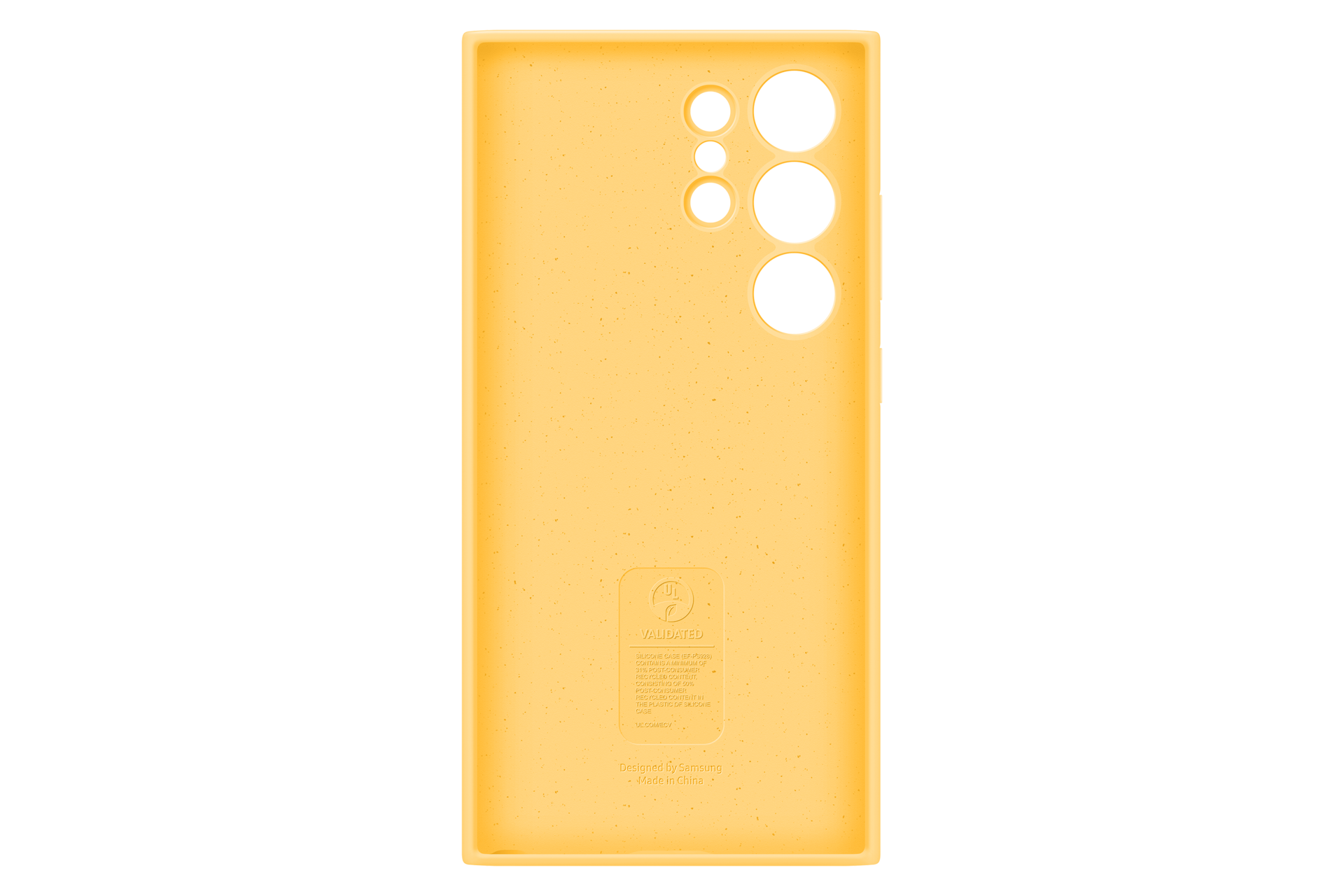 Żółte etui na telefon z wycięciami na aparat i tekstem na czarnym tle. Widnieje napis 'Designed by Samsung'.