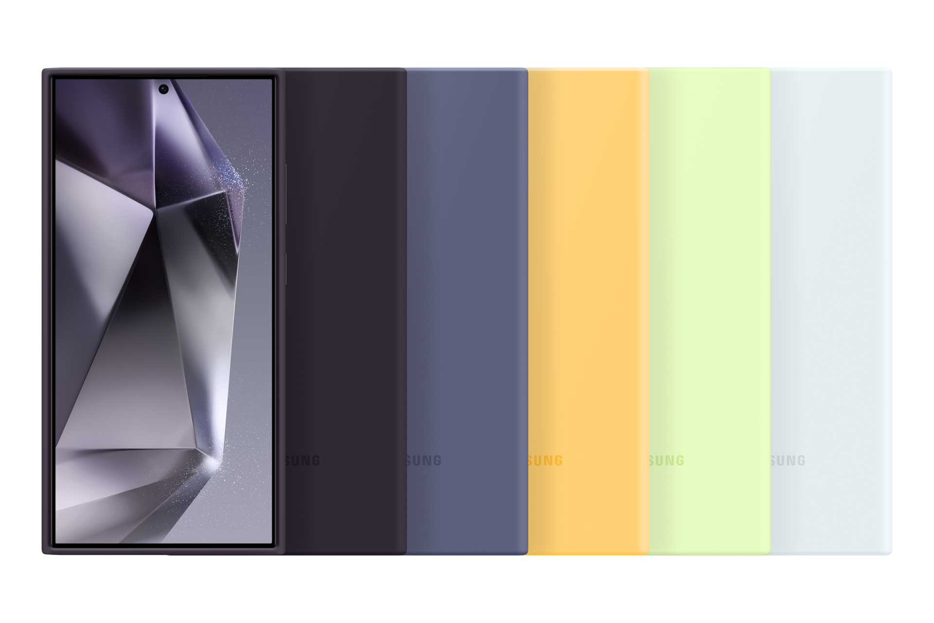 Smartfon z geometrycznym wzorem na ekranie jest wyświetlany obok kolorowych etui. Etui są od ciemnych do jasnych.