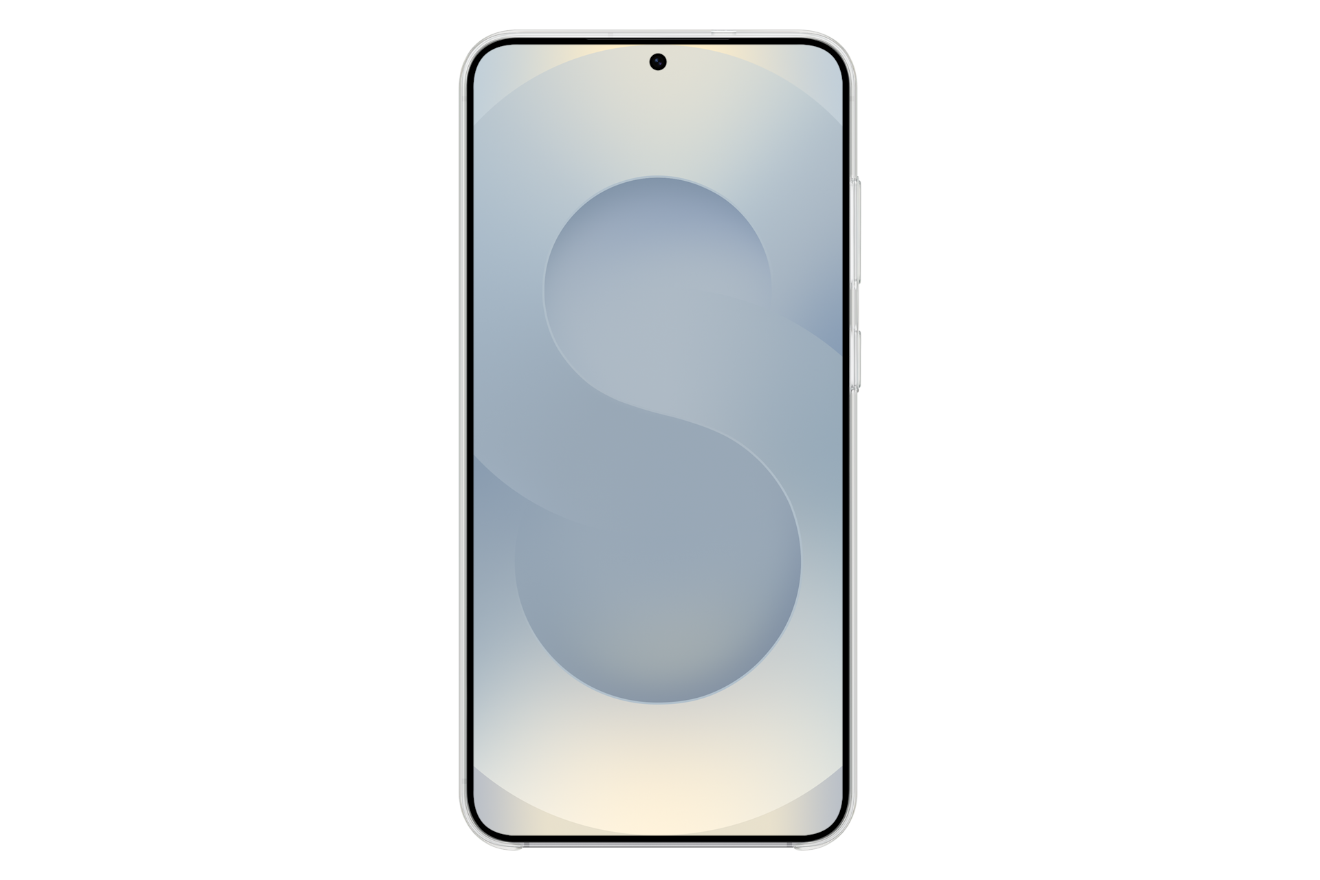 Smartfon z gradientowym wyświetlaczem, białą ramką i czarnym tłem. Ekran wyświetla stylizowany kształt 'S'.