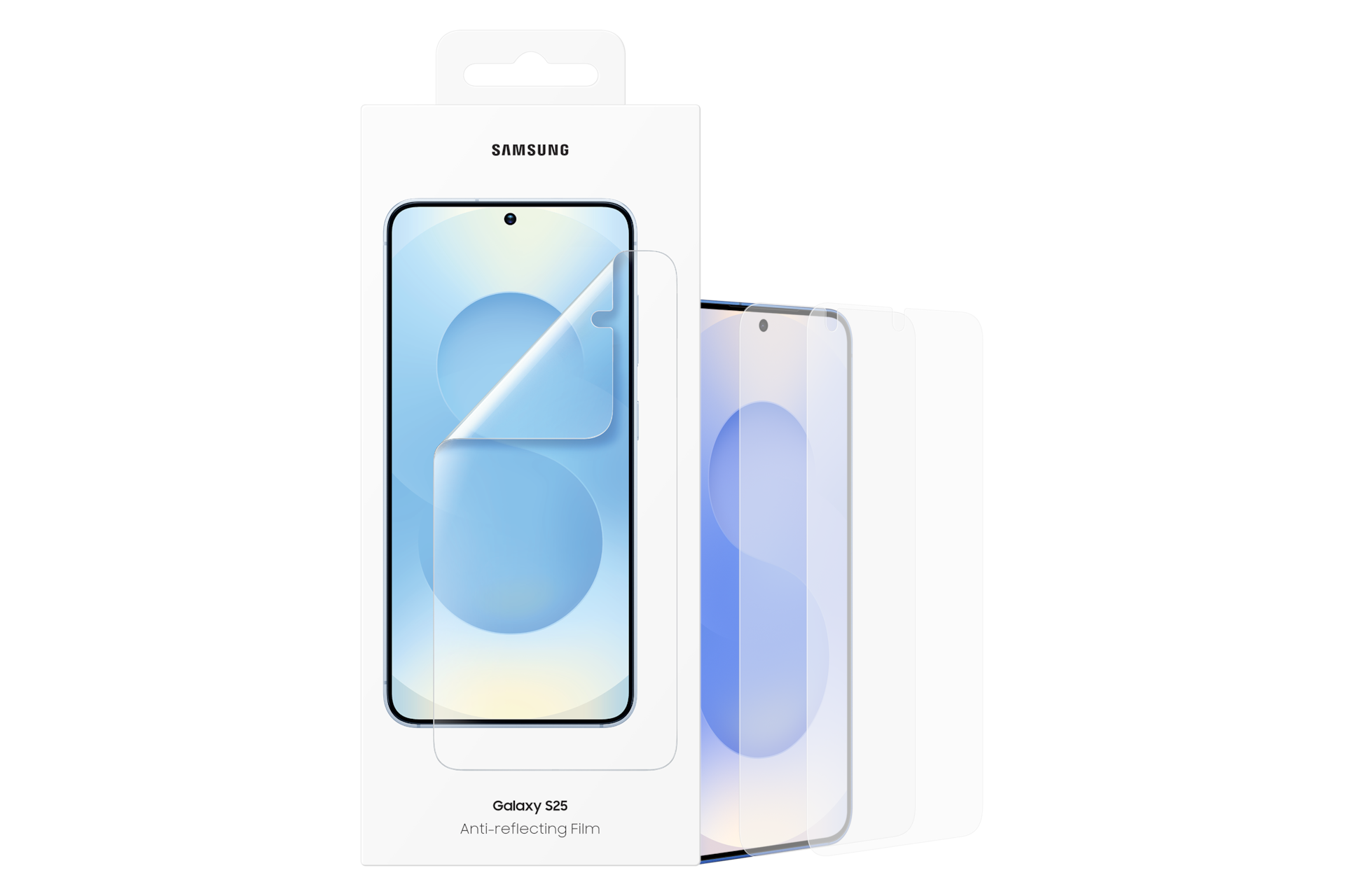 Un emballage de film antireflet Samsung Galaxy S25. L'emballage montre un protecteur d'écran et deux protecteurs supplémentaires.
