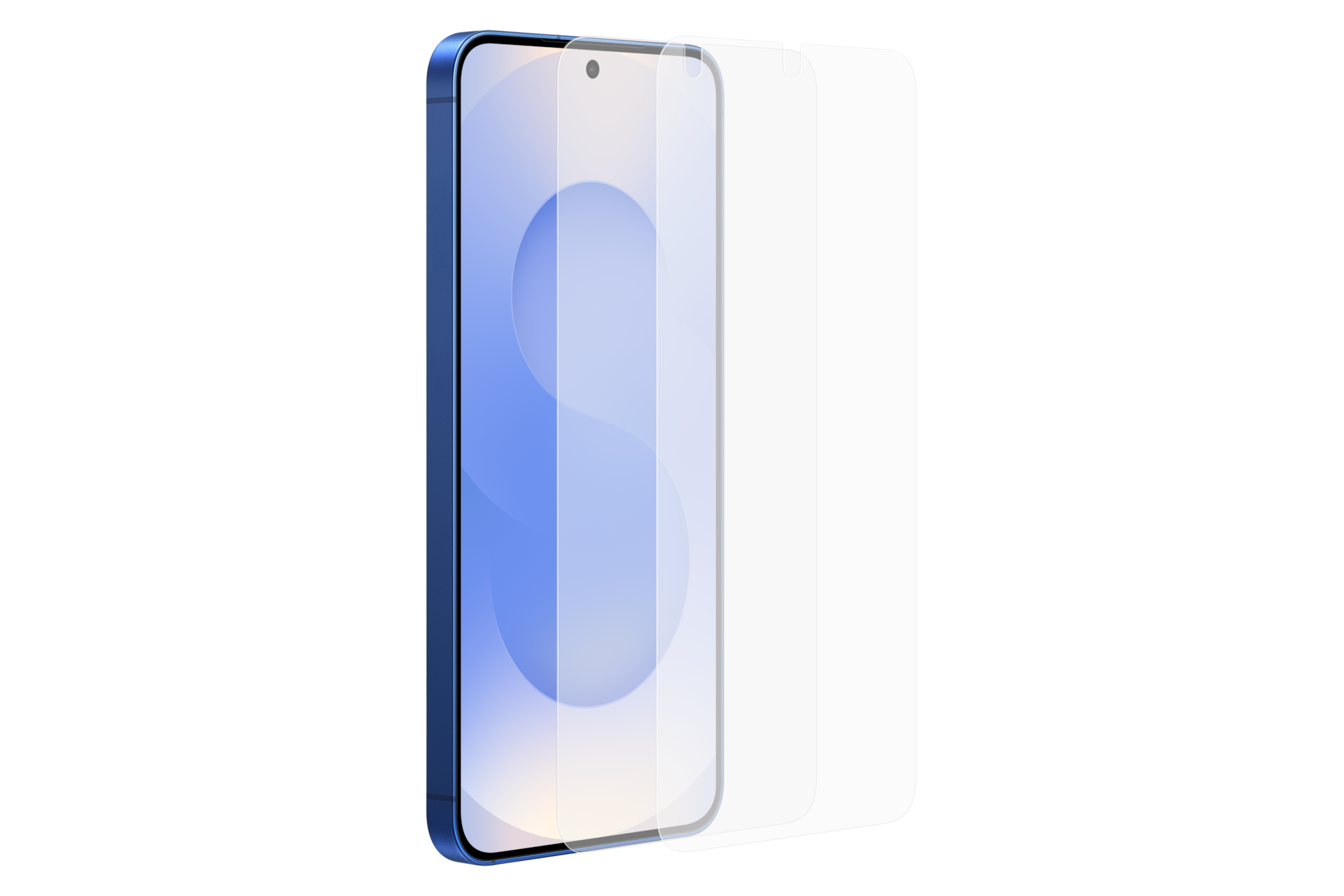 Smartphone bleu avec protecteur d'écran, isolé sur fond noir. Le téléphone affiche un dégradé bleu clair.