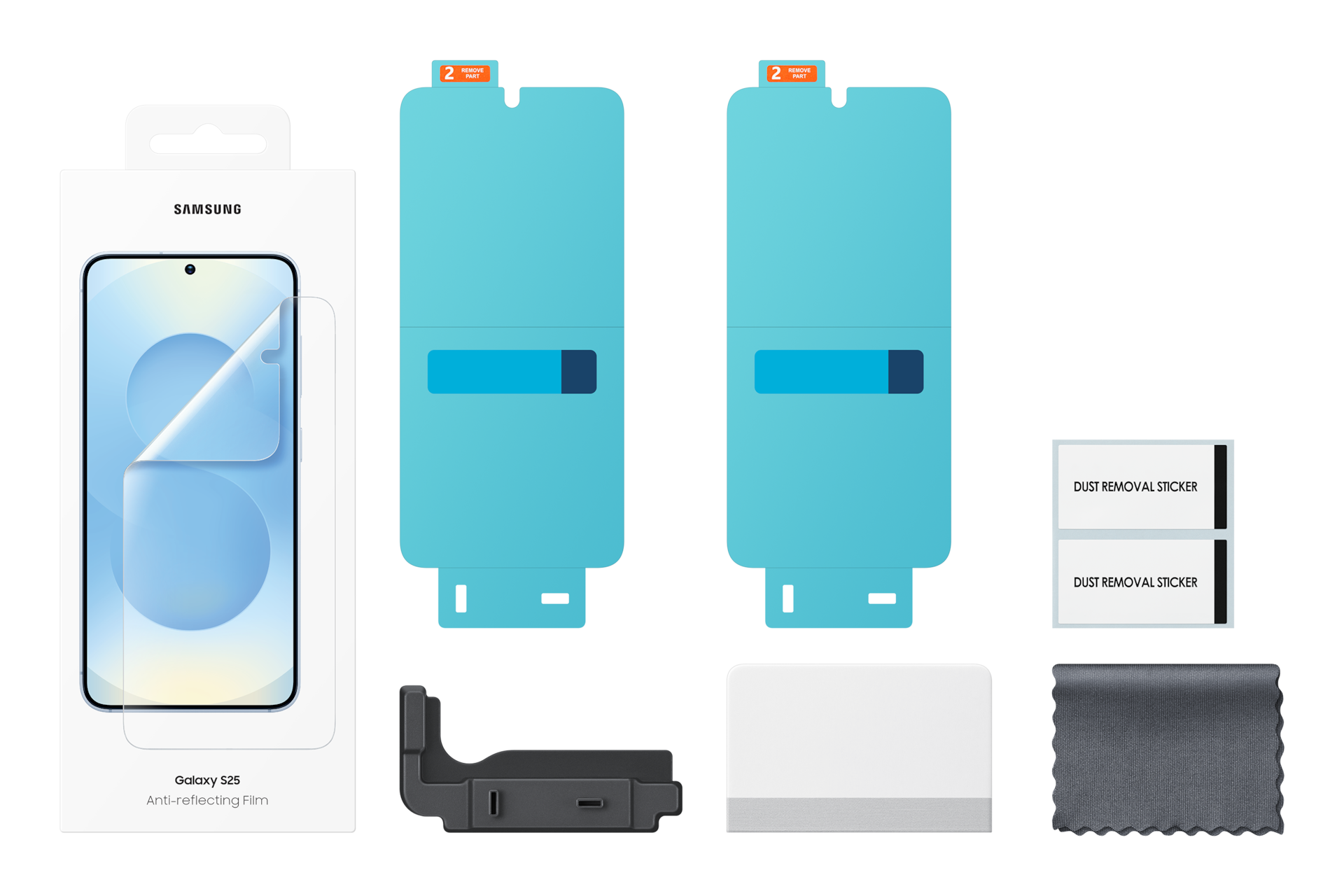 Un kit de film anti-reflet Samsung Galaxy S25. Comprend des protecteurs d'écran, un chiffon de nettoyage, des autocollants anti-poussière et un outil de montage.