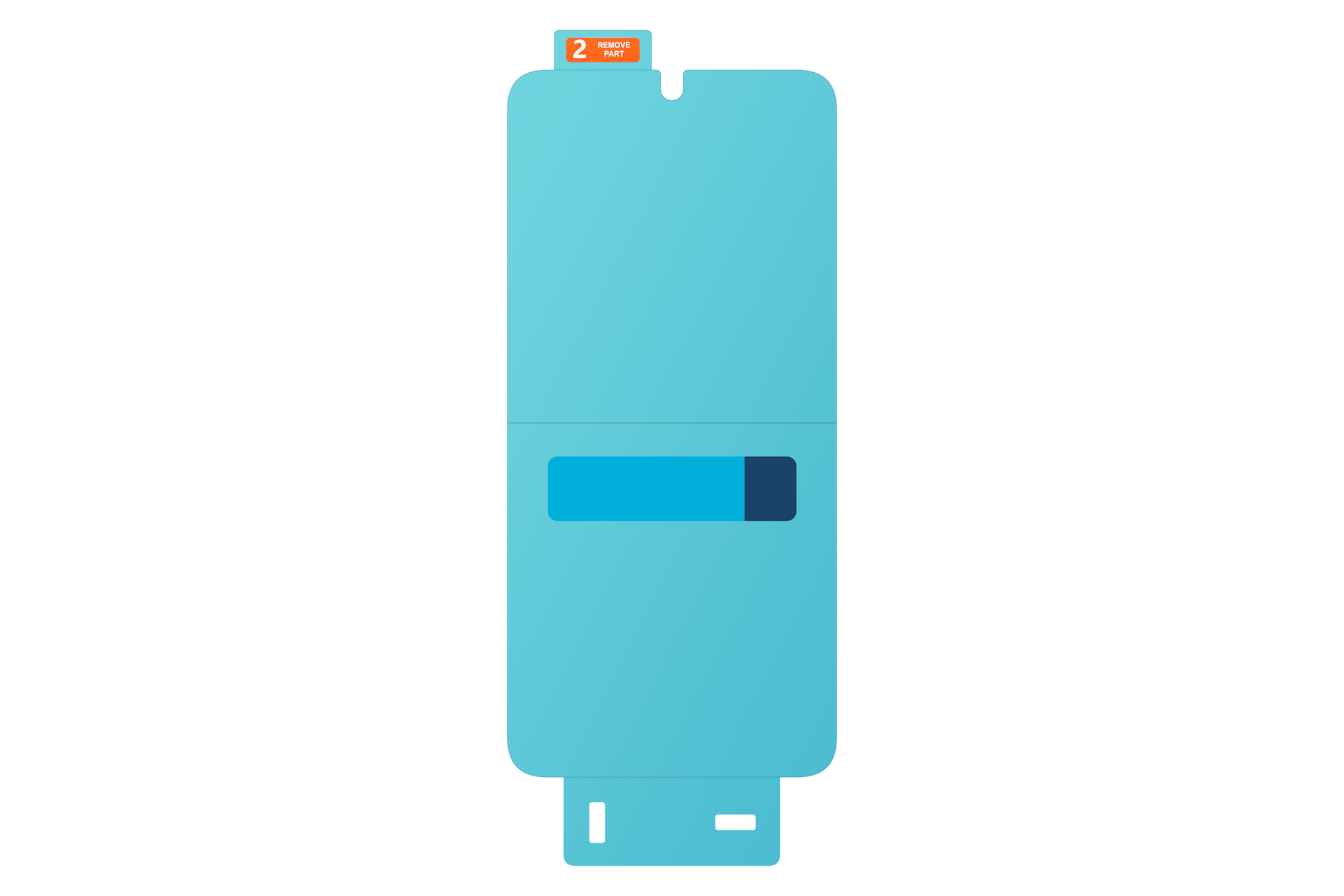 Un protecteur d'écran bleu avec une languette de retrait et un rectangle bleu et bleu foncé sur fond blanc.