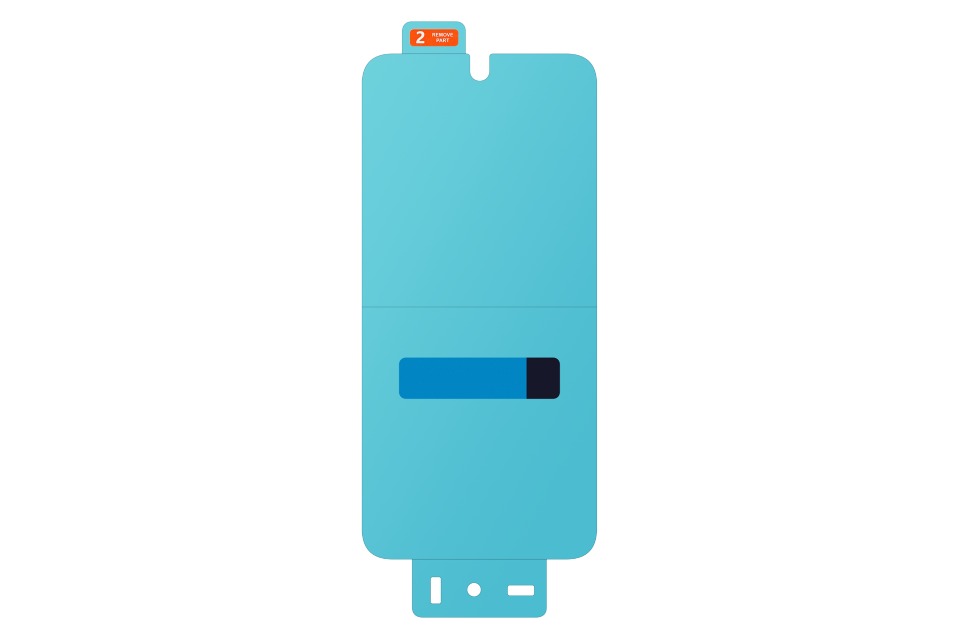Una protezione per schermo del telefono azzurra con un adesivo arancione che dice '2, rimuovi parte'. Ha una barra blu scuro.